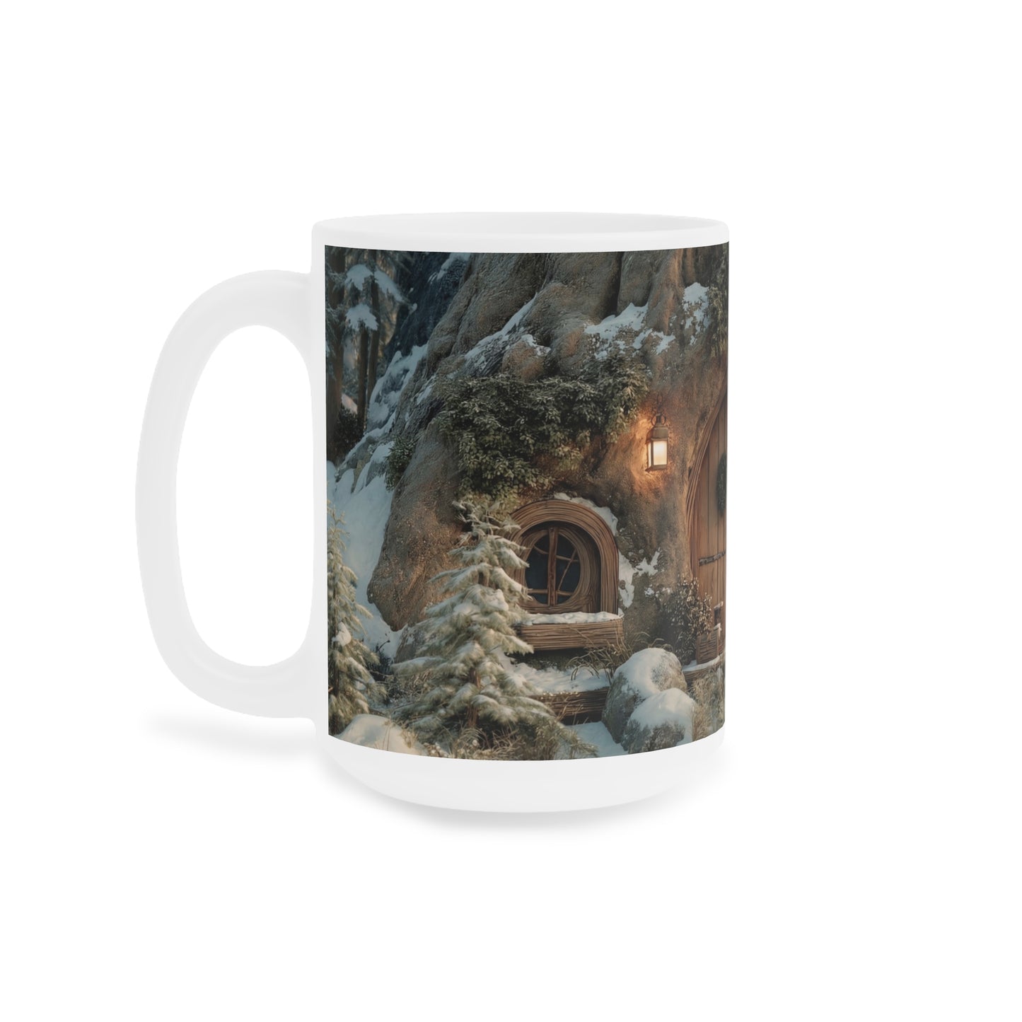Winter Hollow Treehouse Mug – Warm Hearth Glow in Snow