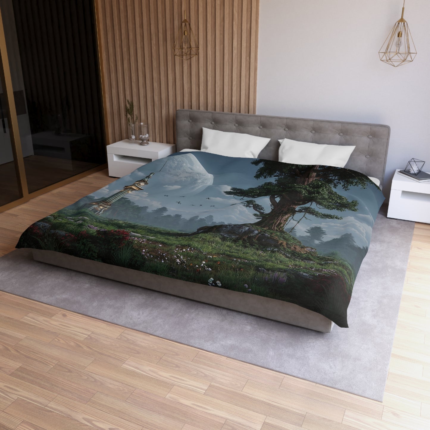 Lunar Clock Tower Duvet Cover – Whispers Beneath the Sky’s Dome