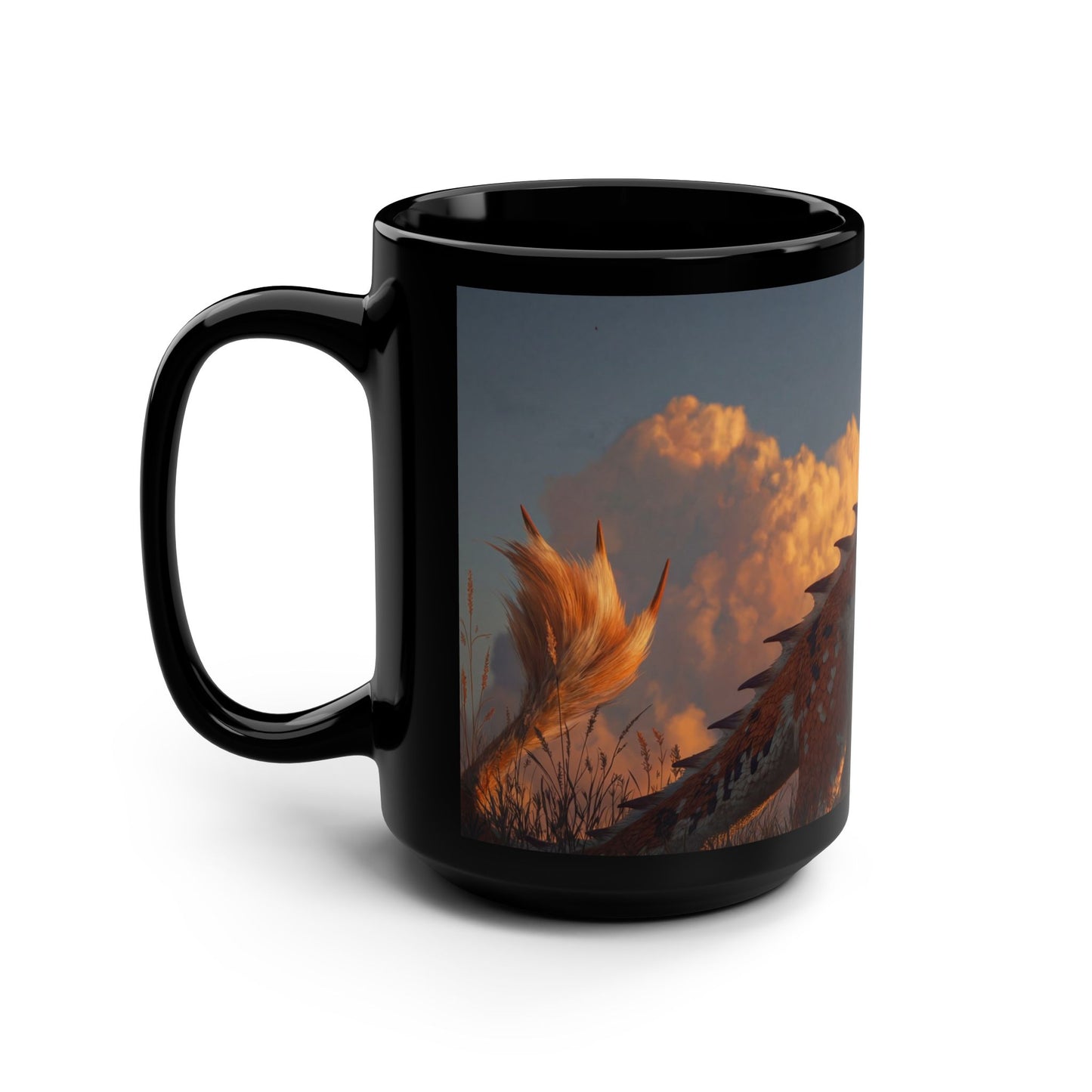 Sunlit Dragon Black Mug, 15oz – Amber Mane at Sunset