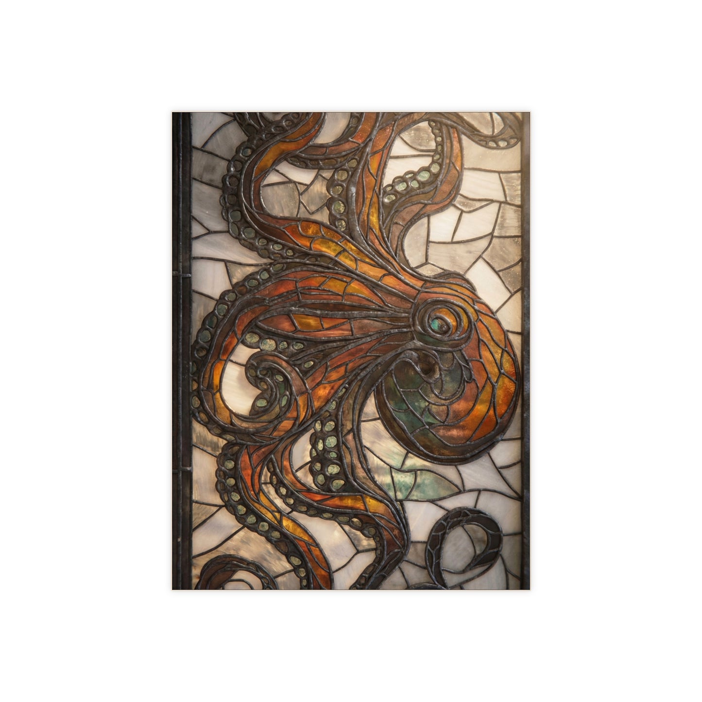 Stained Glass Octopus Ceramic Photo Tile – Amber Depths & Antique Lead