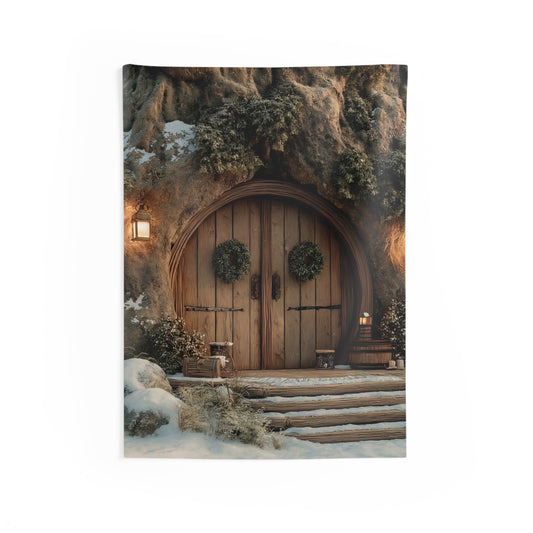 Winter Hollow Treehouse Tapestry – Snow-Dusted Forest Sanctuary