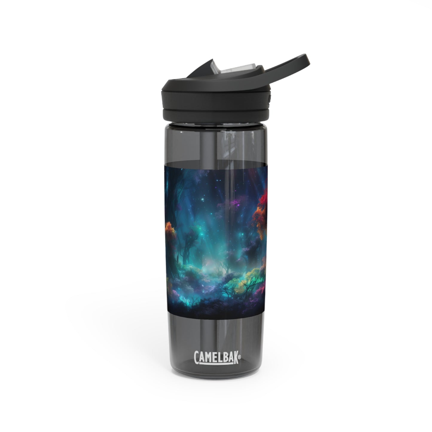 Panoramic digital art of an alien planet's mesmerizing bioluminescent forest, the towering trees adorned with glowing foliage in vivid shades of blue - CamelBak Eddy®  Water Bottle, 20oz\25oz