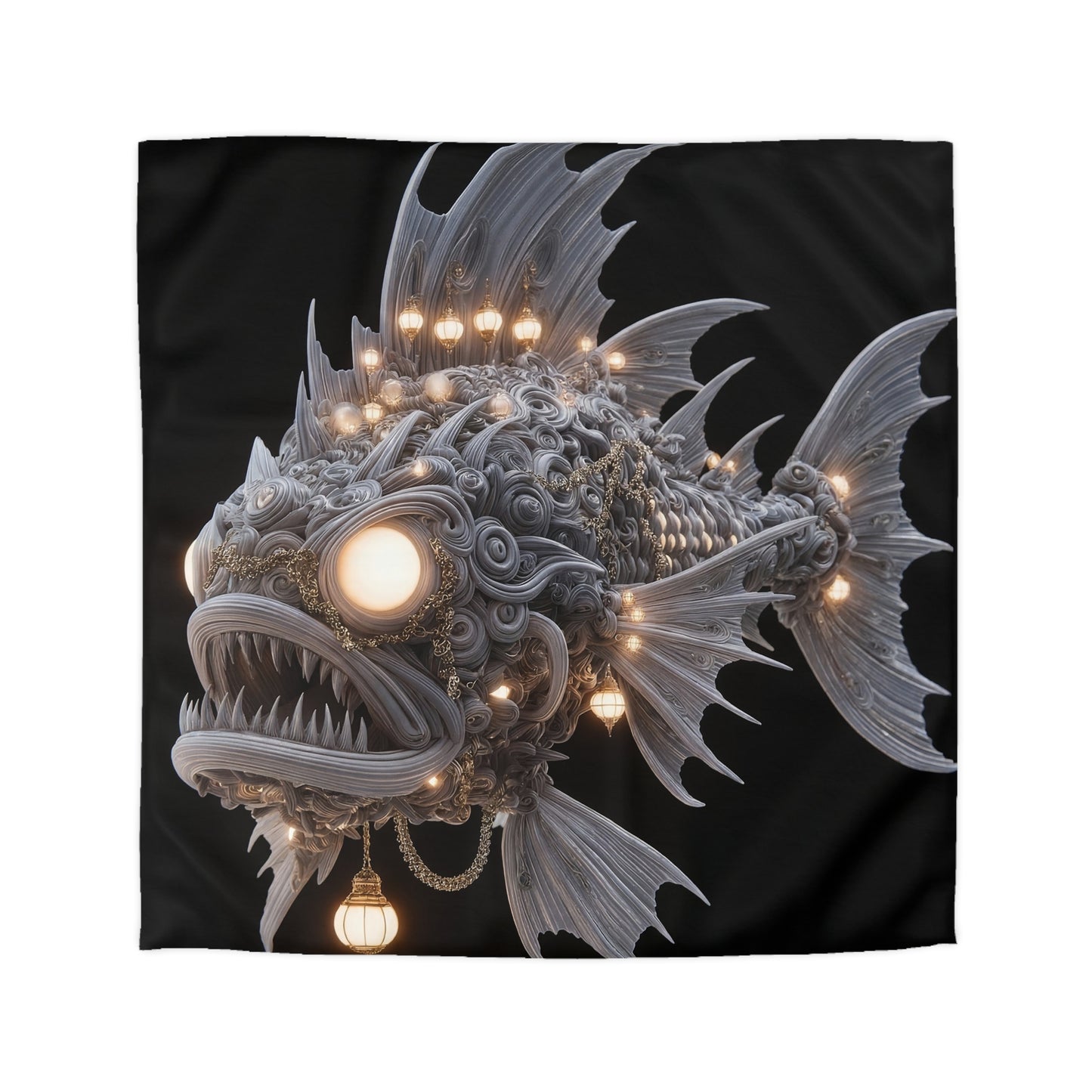 Lantern-Filled Deep-Sea Sentinel Microfiber Duvet Cover – Bioluminescent Abyss Dreamscape