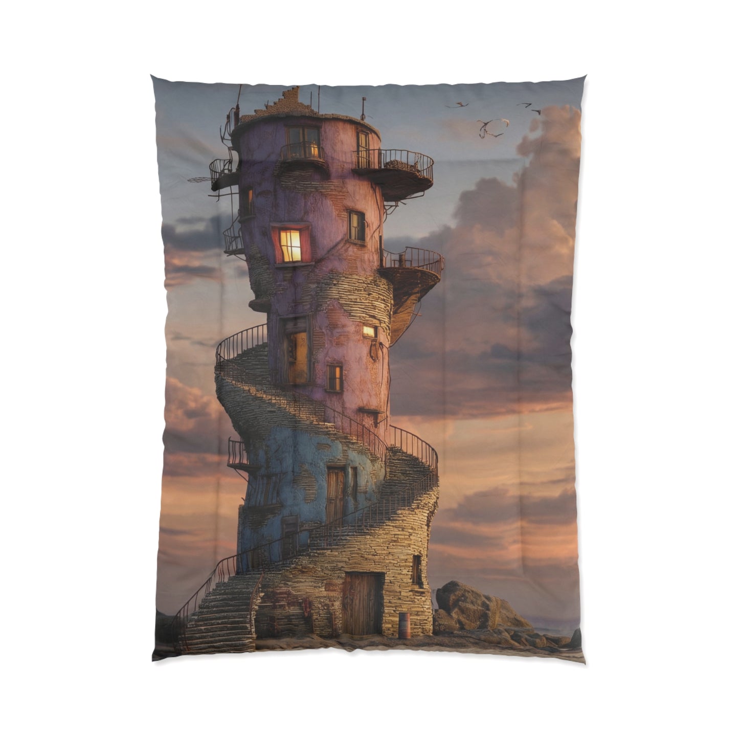 Twilight Lighthouse Comforter – Warm Glow on Rockbound Coast