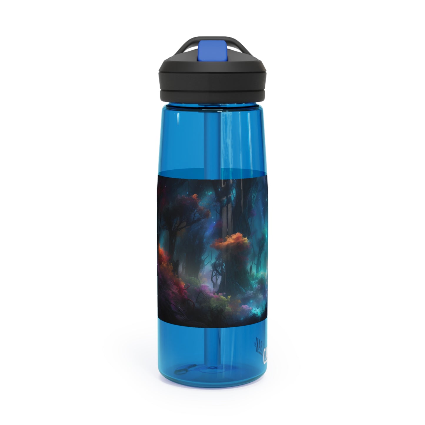 Panoramic digital art of an alien planet's mesmerizing bioluminescent forest, the towering trees adorned with glowing foliage in vivid shades of blue - CamelBak Eddy®  Water Bottle, 20oz\25oz