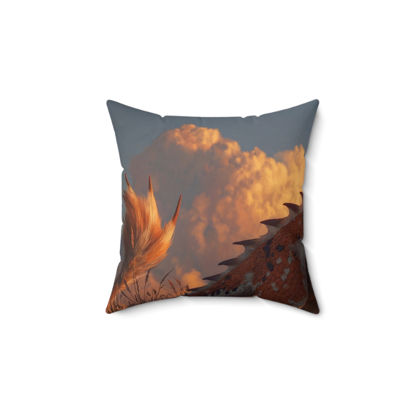 Sunset Sentinel Dragon Spun Polyester Square Pillow – Warm Amber Glow in Wild Grasses