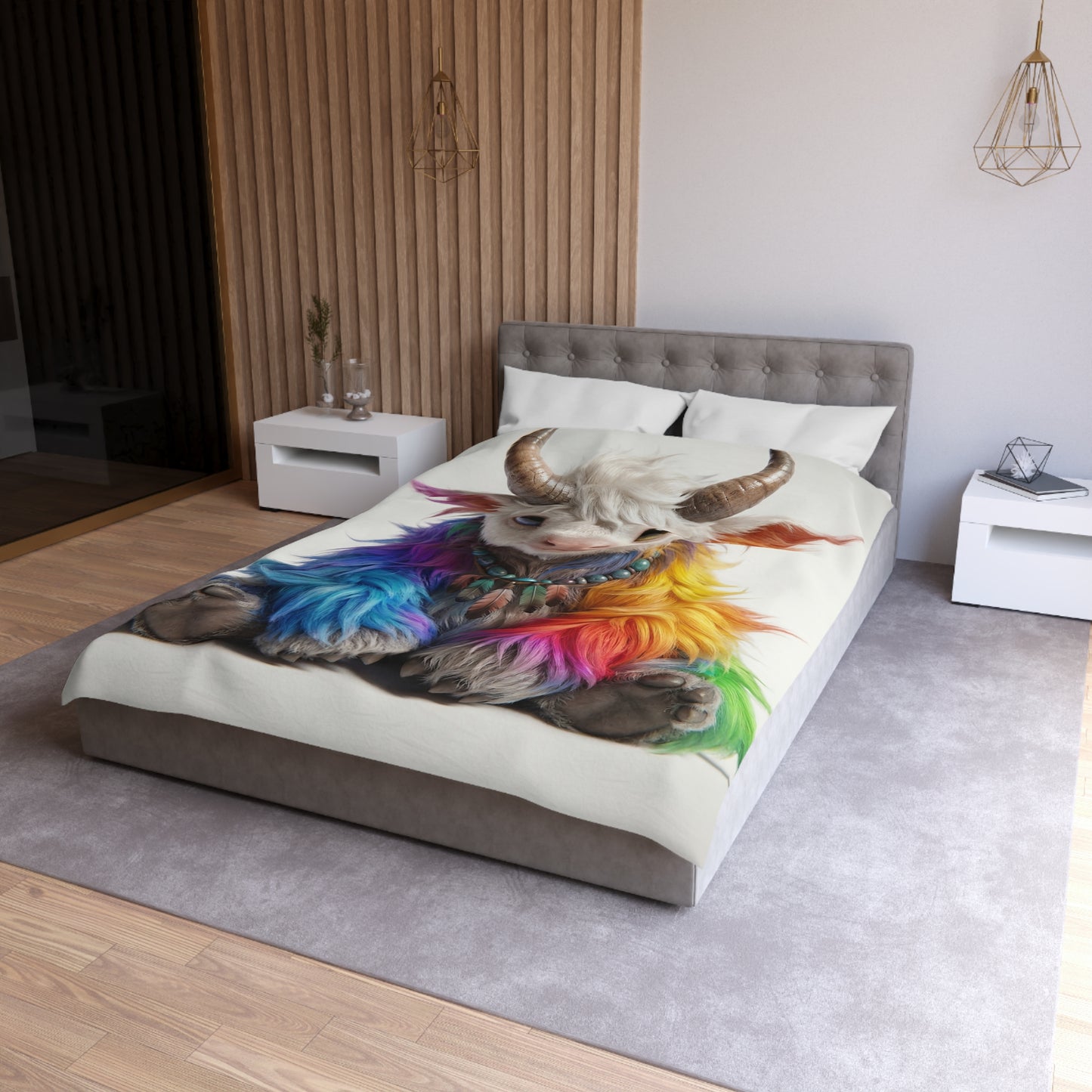 Rainbow Horned Guardian Microfiber Duvet Cover – Softly Glowing Twilight Companion