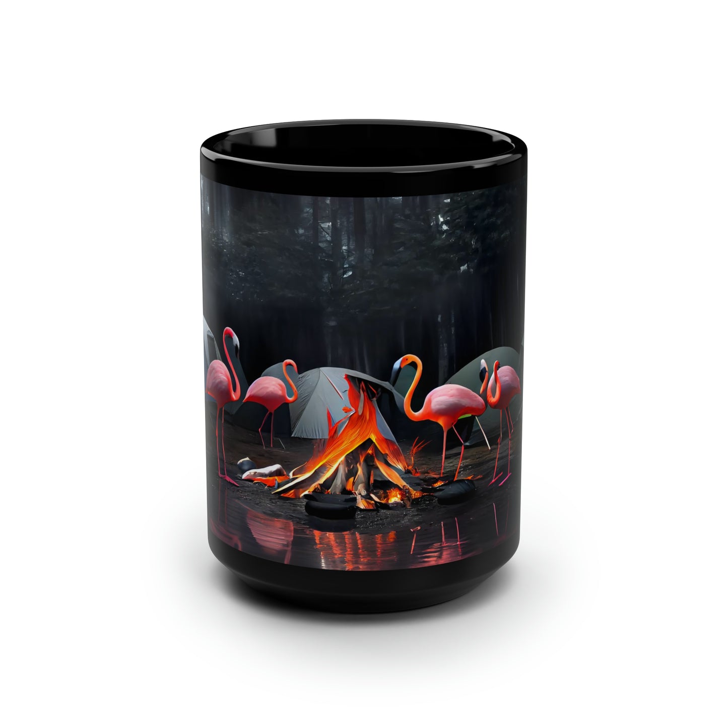 photo of a flock of flamingos in oregon, campfire, tents, rain, hdr, dof, highly detailed - Mug, Black