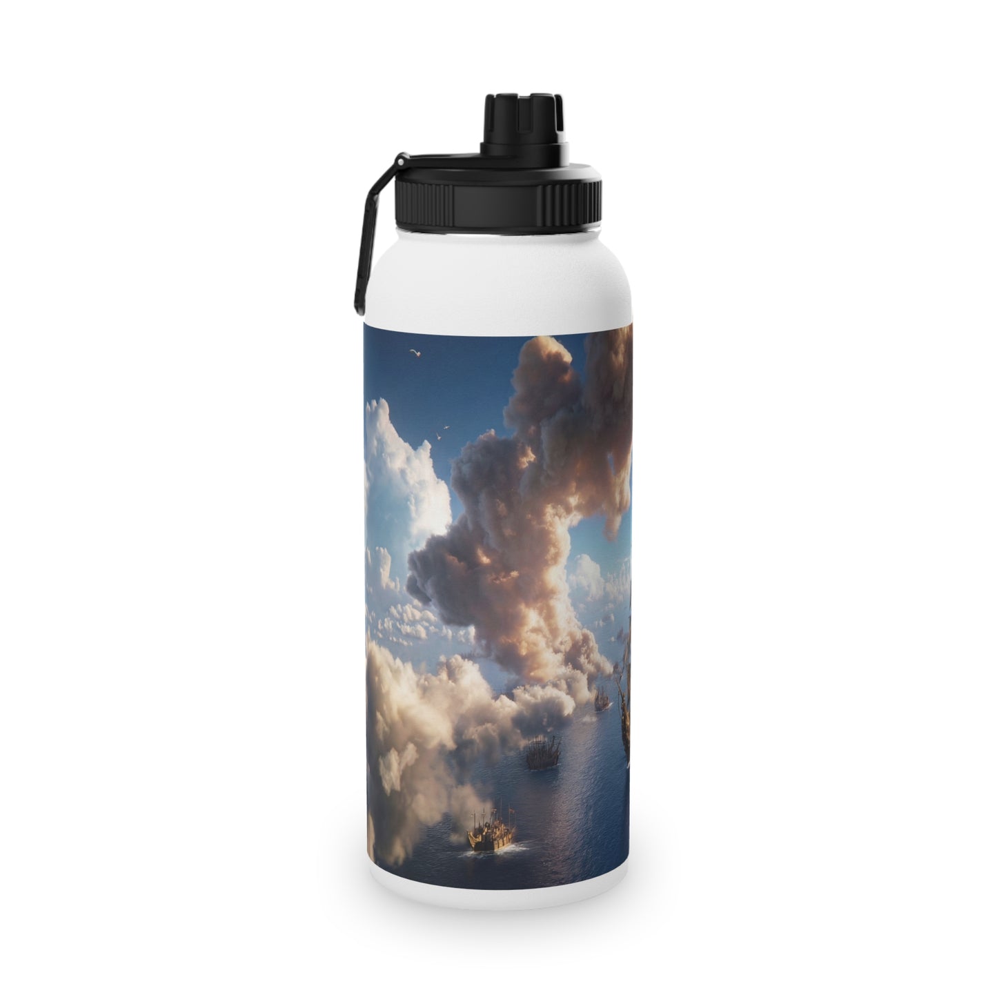Armada Through Clouds Stainless Steel Water Bottle, Sports Lid – Golden Fleet at Dawn
