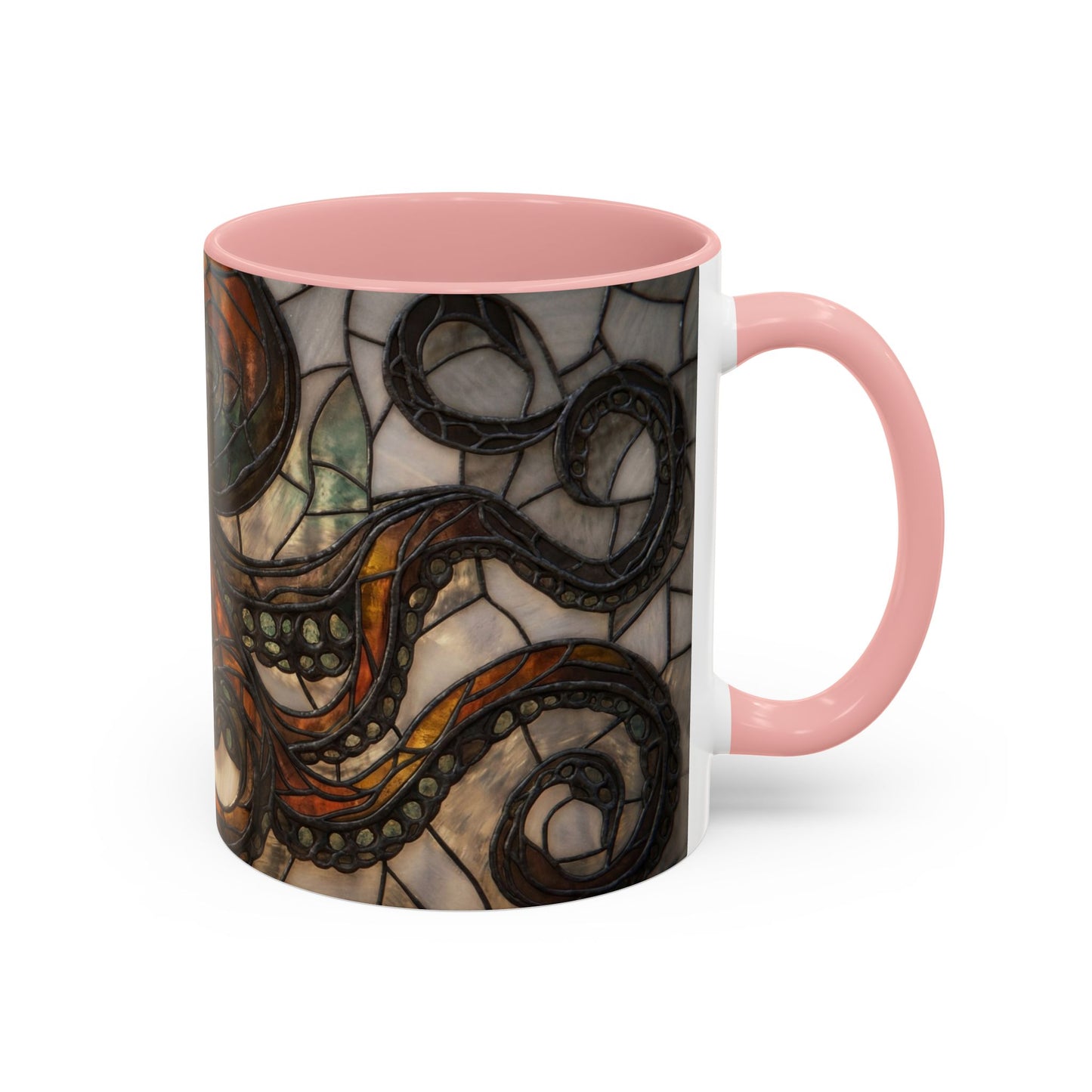 Stained Glass Octopus Accent Coffee Mug – Amber Tentacle Mosaic Art