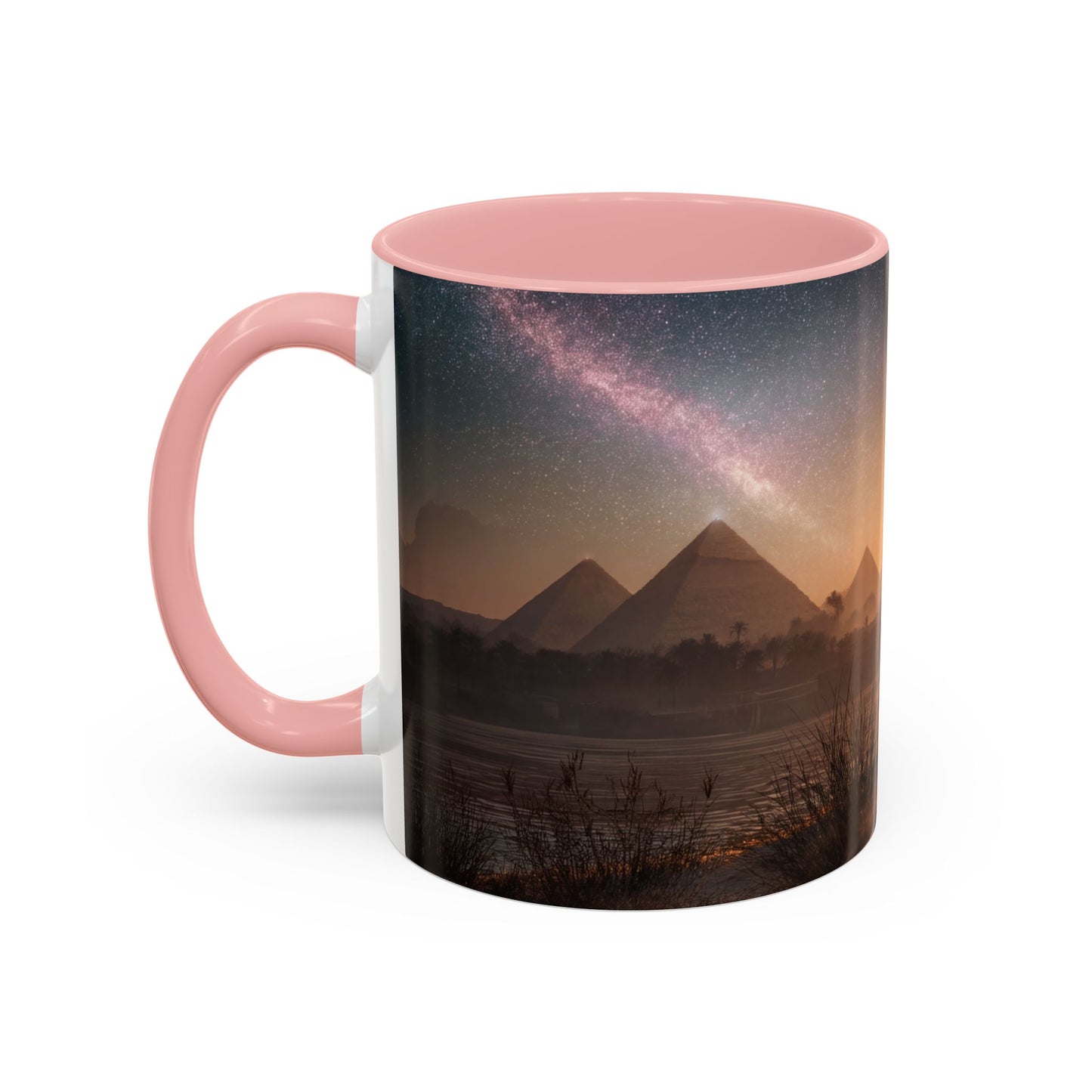 Starry Nile Guardian Cats Accent Coffee Mug (11, 15oz) – Ancient Pyramids Milky Way