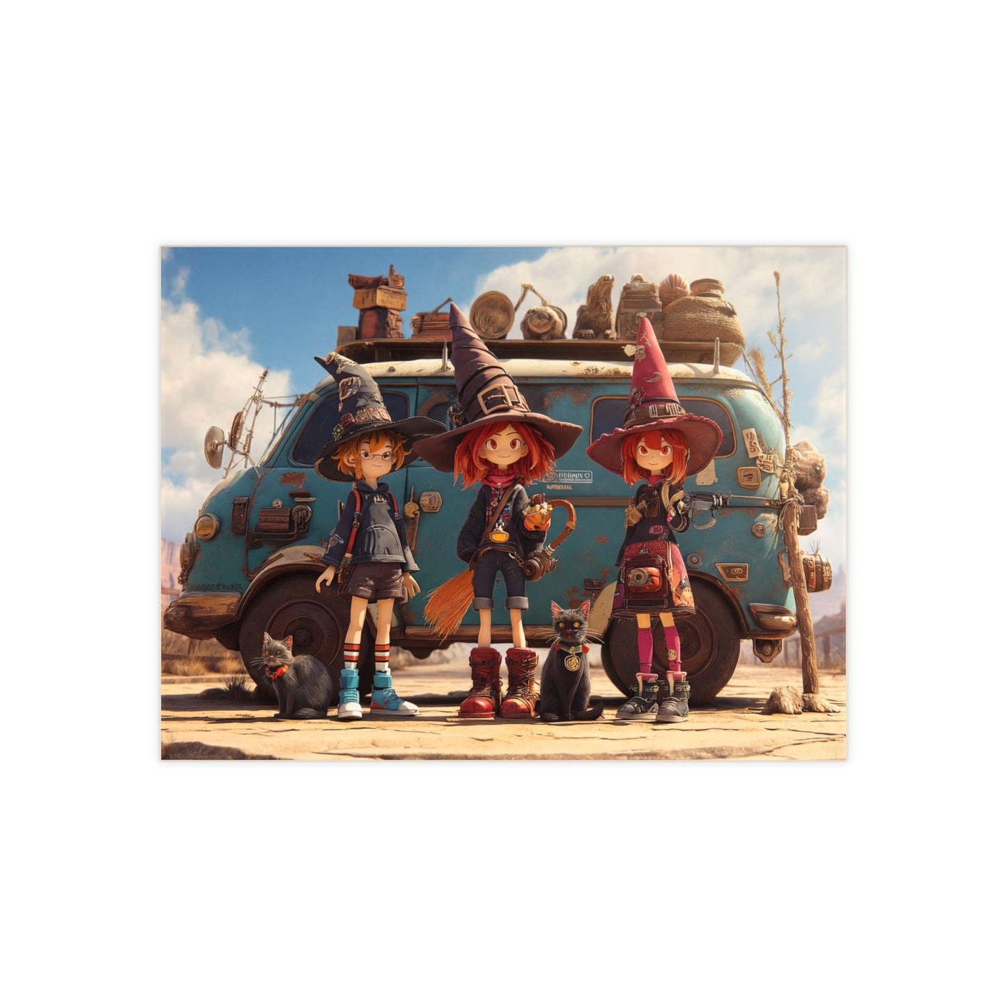Witch Roadtrip Trio Ceramic Photo Tile – Dusty Desert Magic on a Vintage Van
