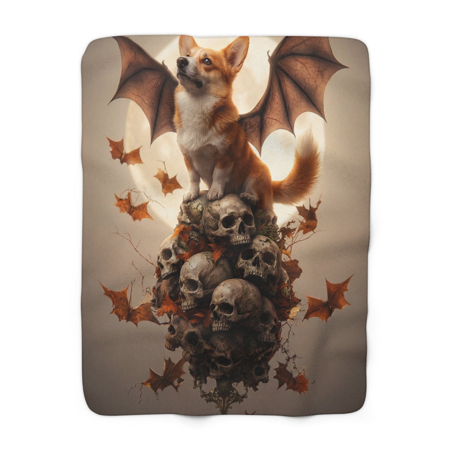 Winged Corgi Over Skull Tower Sherpa Fleece Blanket – Autumn’s Haunted Guardian