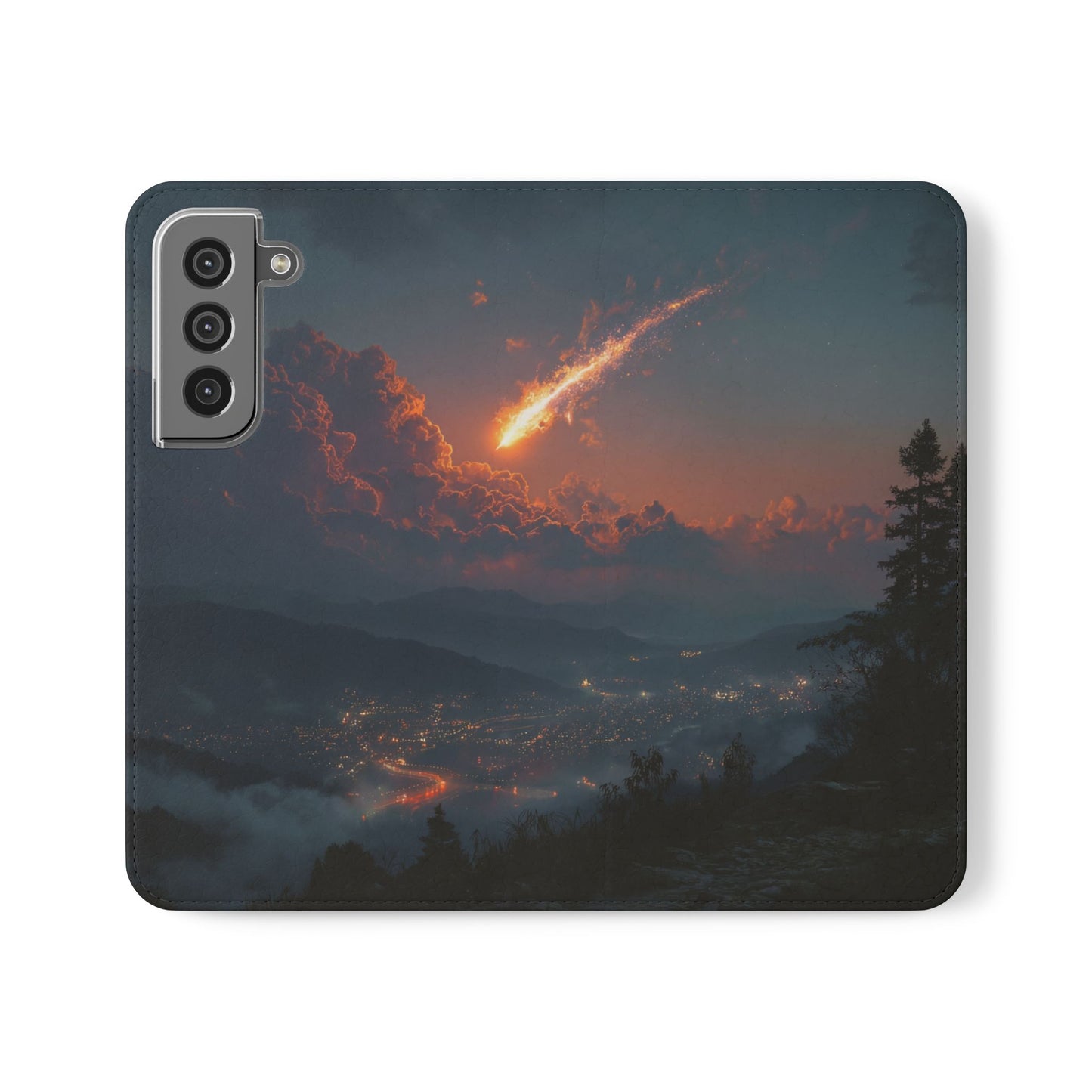 Meteor Over Valley Flip Cases – Crimson Sky Sentinel Cover