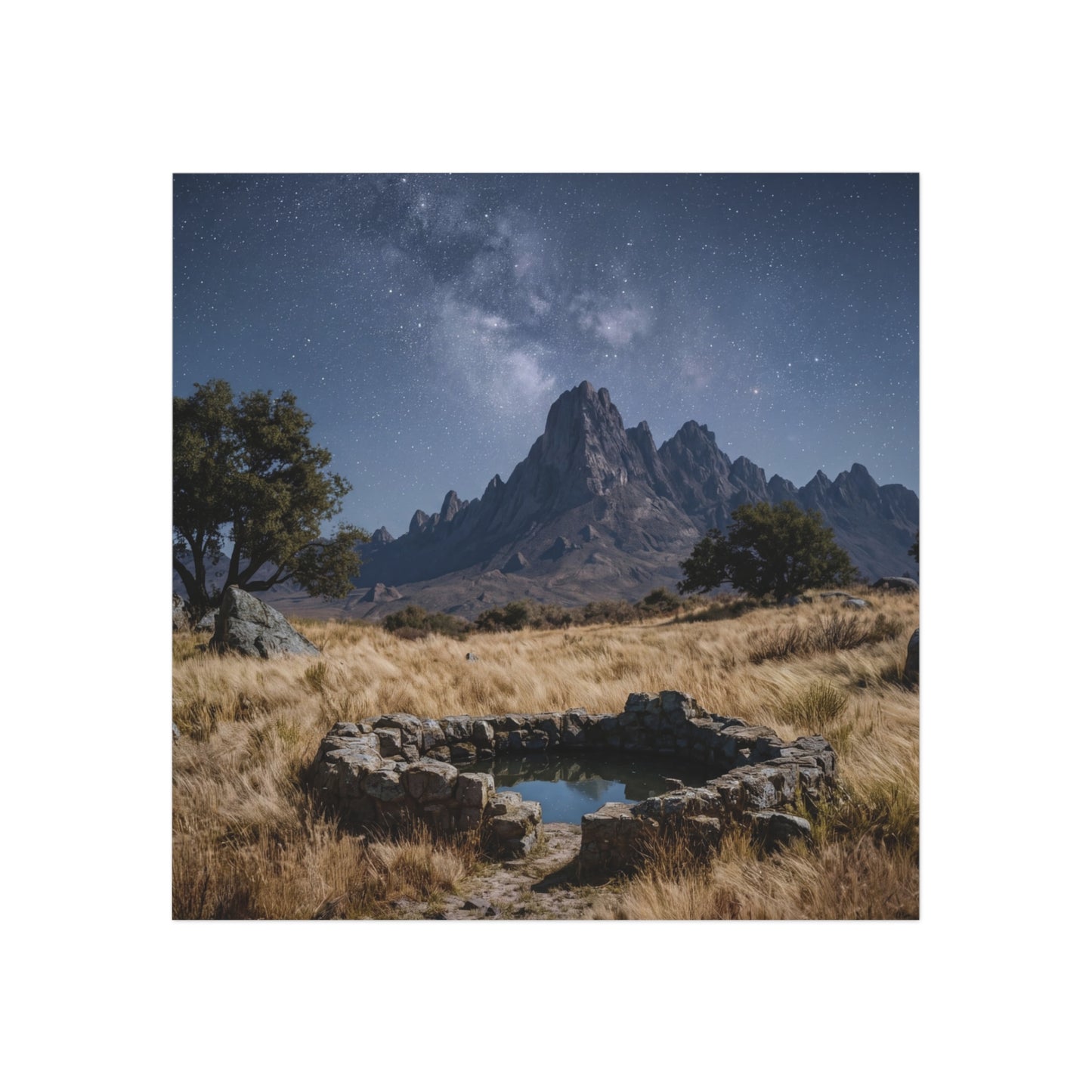 Starlit Mountain Well Square Magnet – Whispering Peaks Under Milky Way