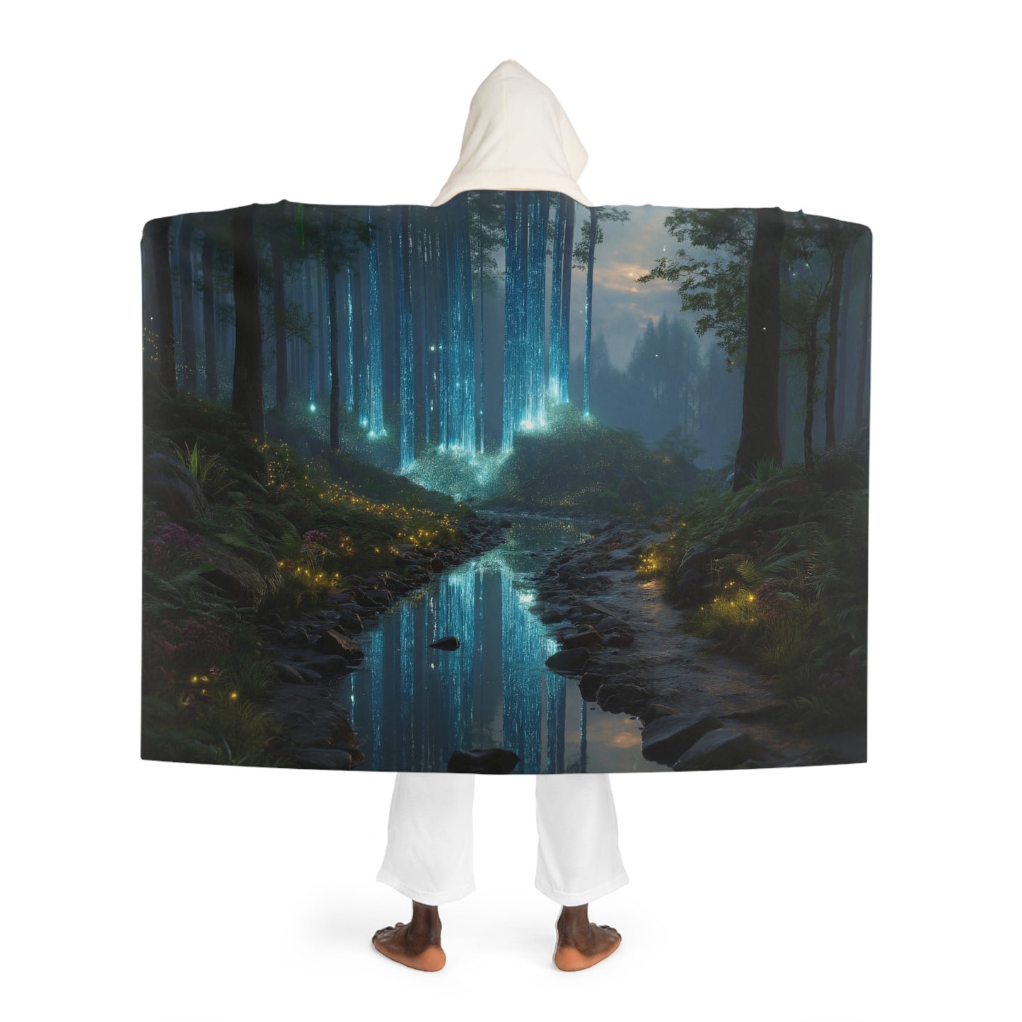 Celestial Forest Stream Hooded Sherpa Fleece Blanket – Azure Lightfall Dreamscape