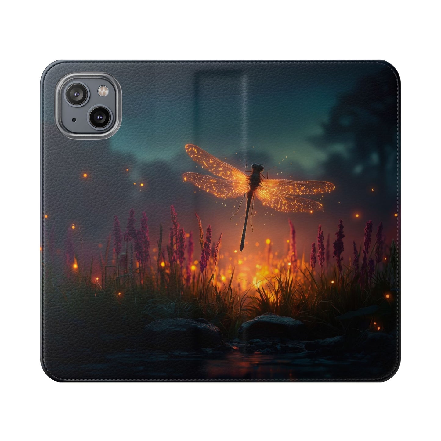 Bioluminescent Dragonfly Flip Cases – Glowing Amber Wings Over Twilight Marsh