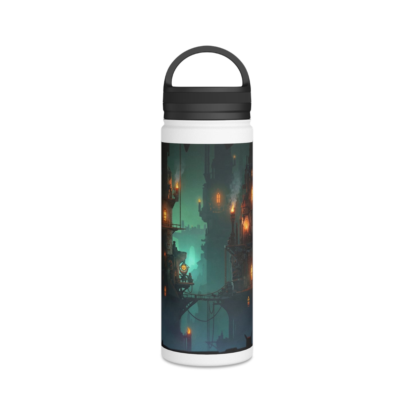 Floating City of Ember Stainless Steel Water Bottle, Handle Lid – Glow of the Skyward Towers