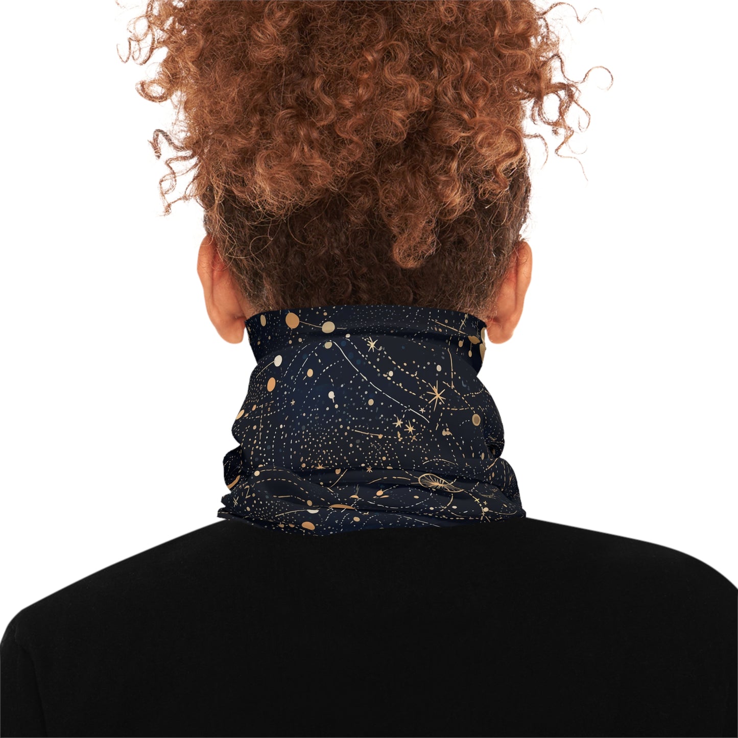 "A detailed star map pattern with constellations interconnected by delicate lines, using a color palette of deep indigo, midnight blue, and accents of silver and gold." - Lightweight Neck Gaiter