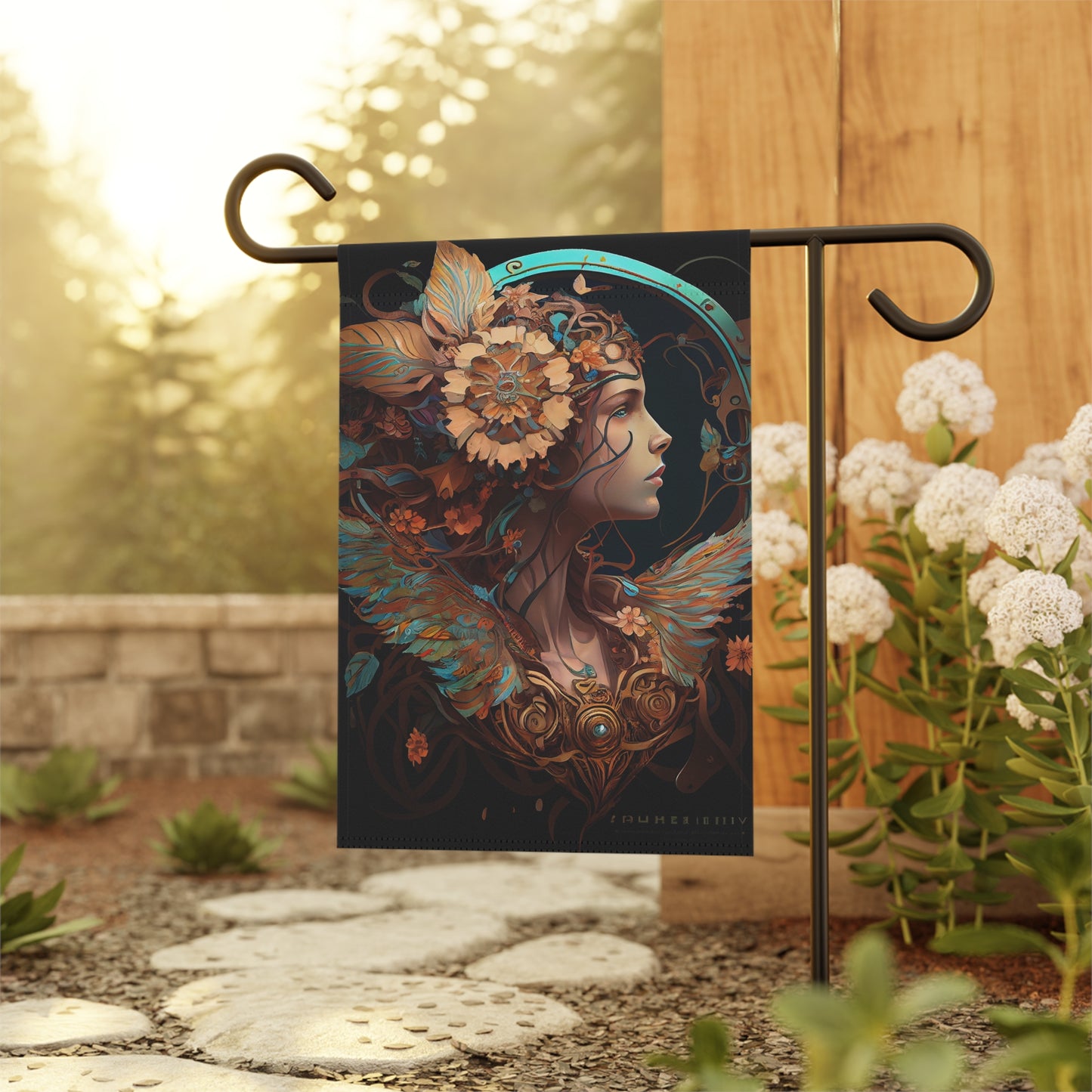 product design, psychedelic, dmt, self-transforming steampunk machine oracle elves, chrysanthemum, art nouveau, alphonse mucha - Garden & House Banner