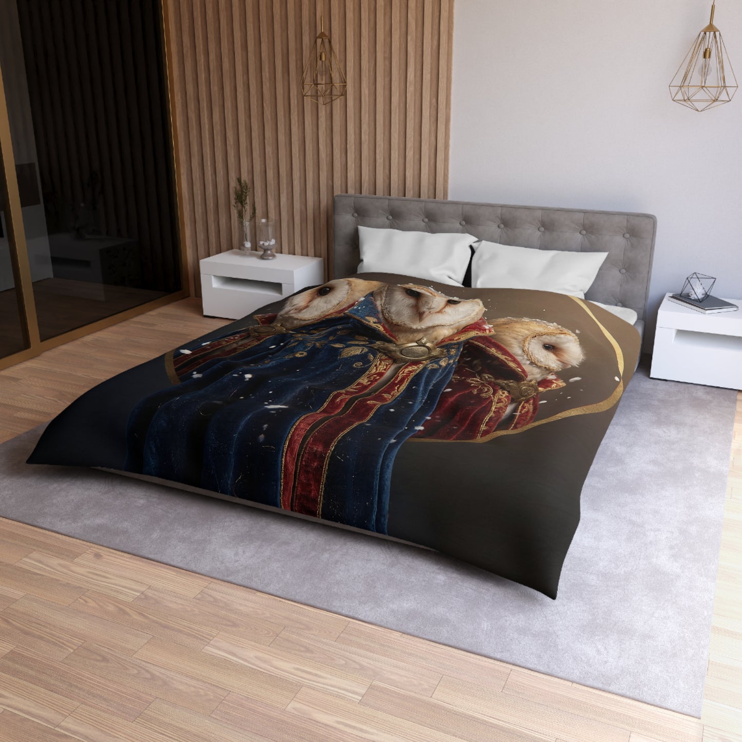 Three Wise Owls Duvet Cover – Velvet Regalia in Snowfall