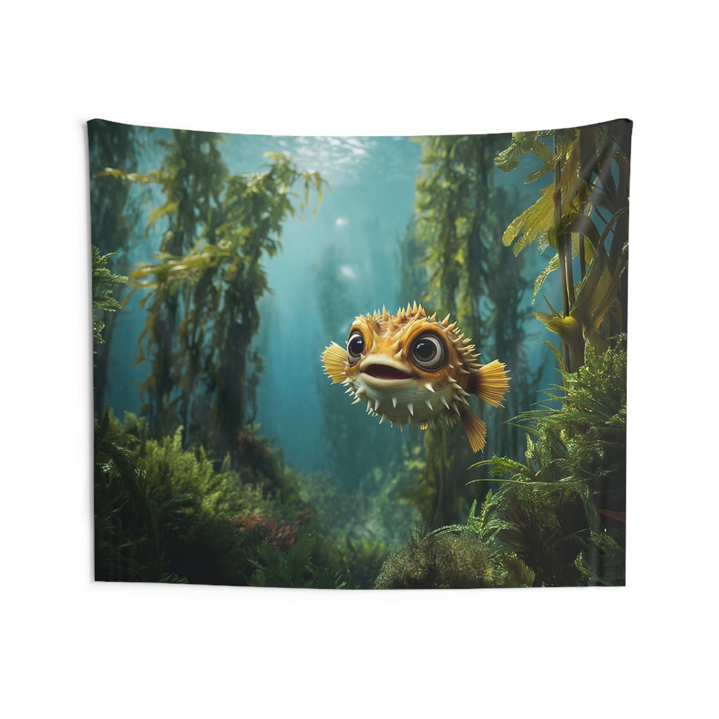 Curious Pufferfish Wall Tapestry – Sunlit Kelp Forest Adventure