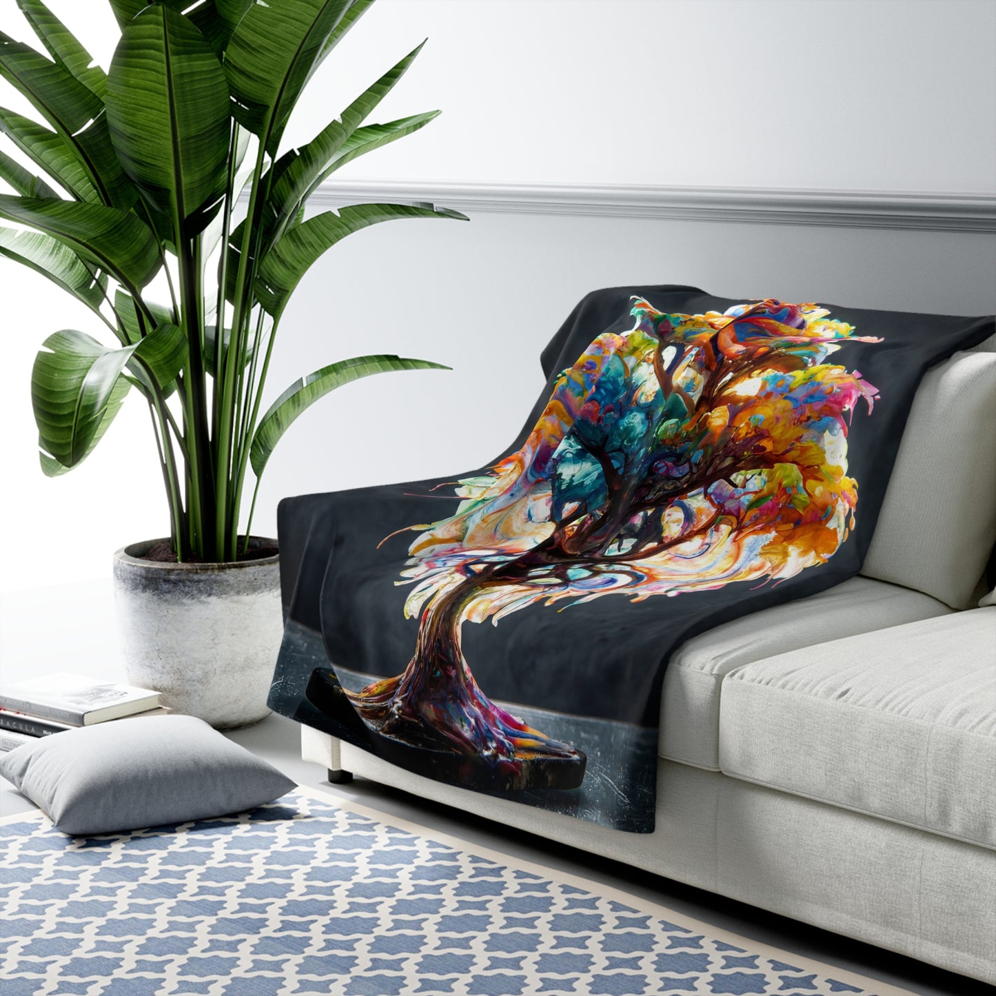 Chromatic Tree of Life Sherpa Fleece Blanket – Where Colors Bloom in Twilight