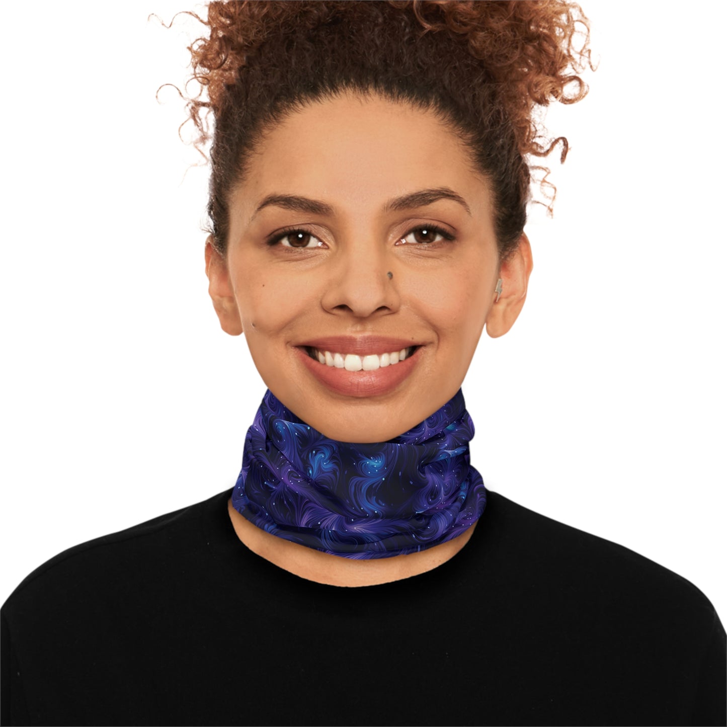 "A tiling pattern of swirling blue and purple fractal shapes reminiscent of galaxy nebulae on a midnight blue background" - Lightweight Neck Gaiter