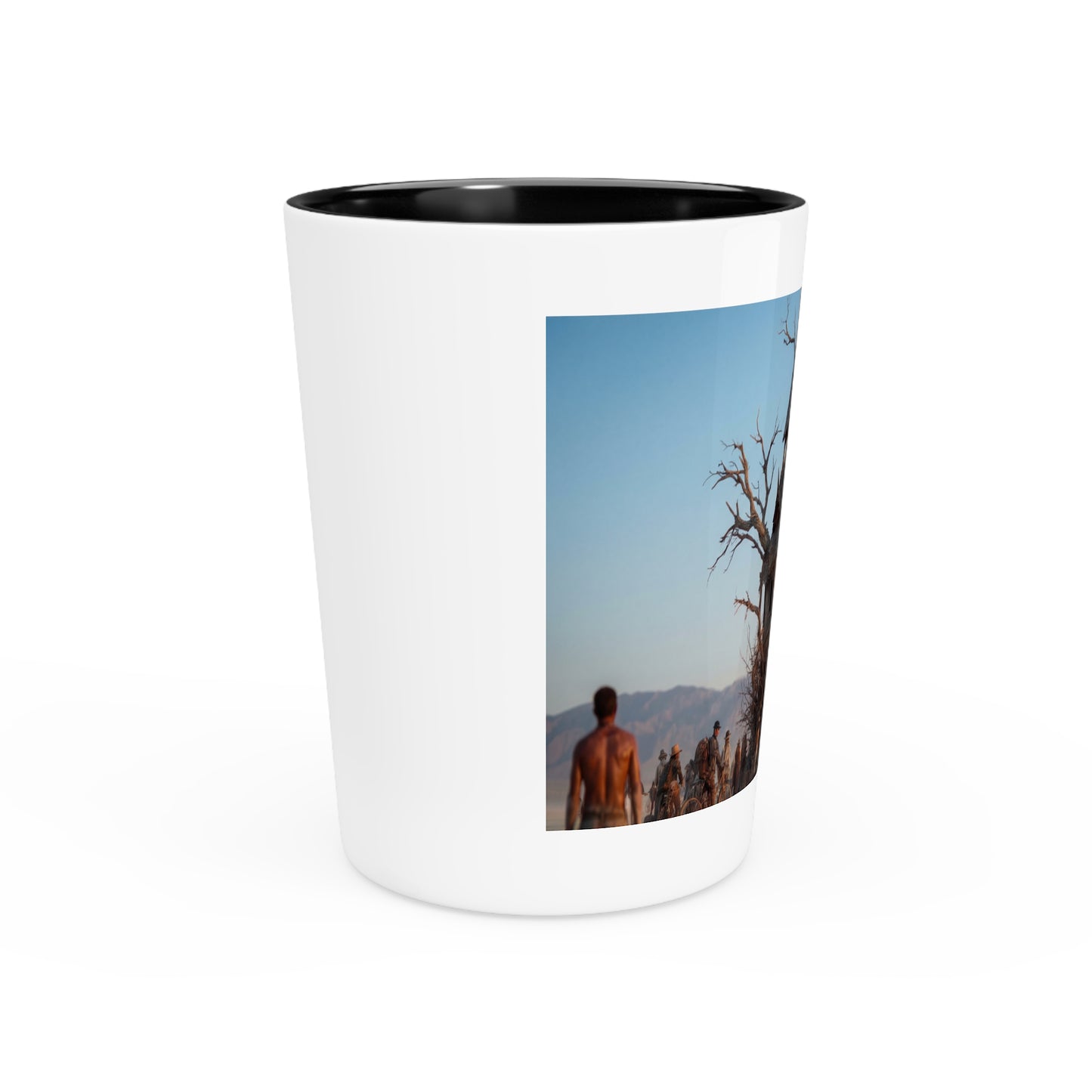 Clock Tower Wanderers Shot Glass – Desert Pilgrims and Rustic Timepiece