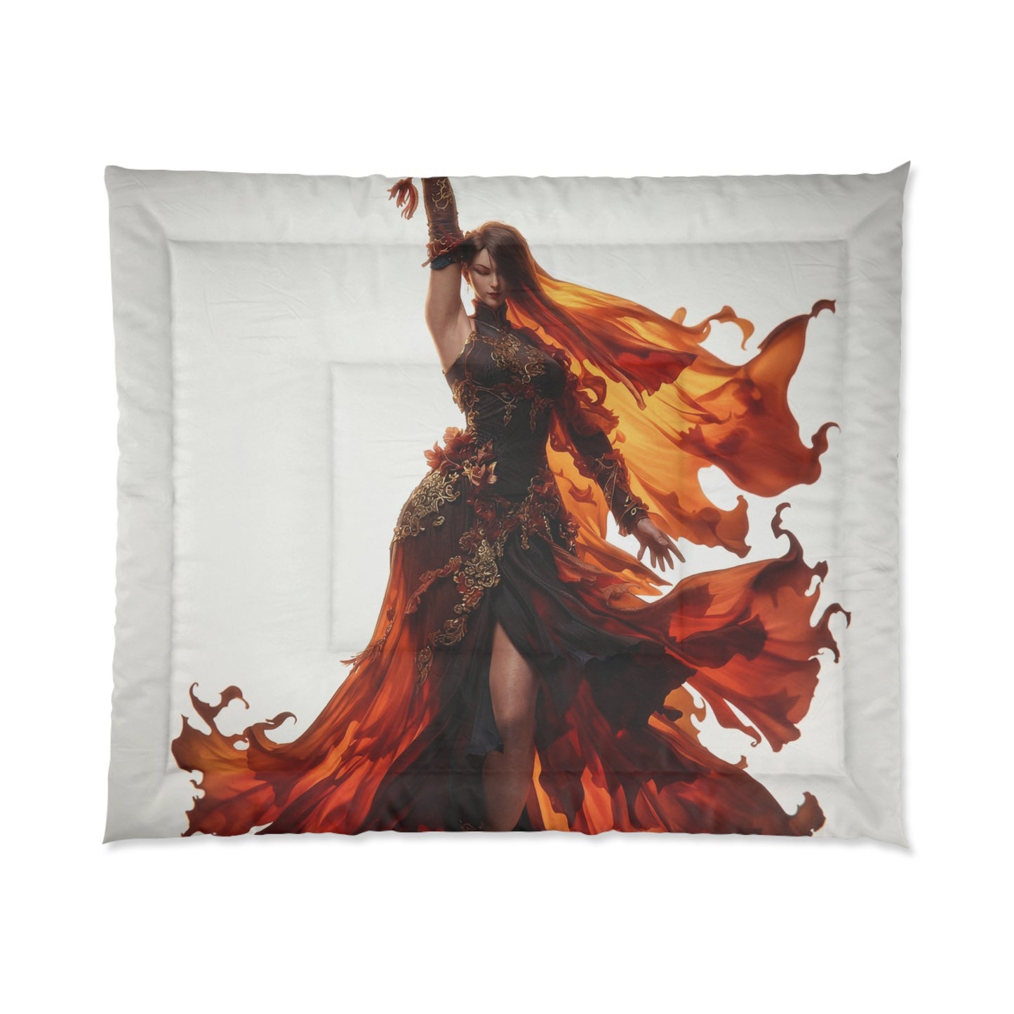 Flame-Dancer Regalia Comforter – Crimson Whirlwind Elegance