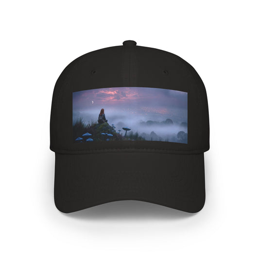 Misty Mountain Moonlight Low Profile Baseball Cap – Red-Haired Wanderer at Twilight