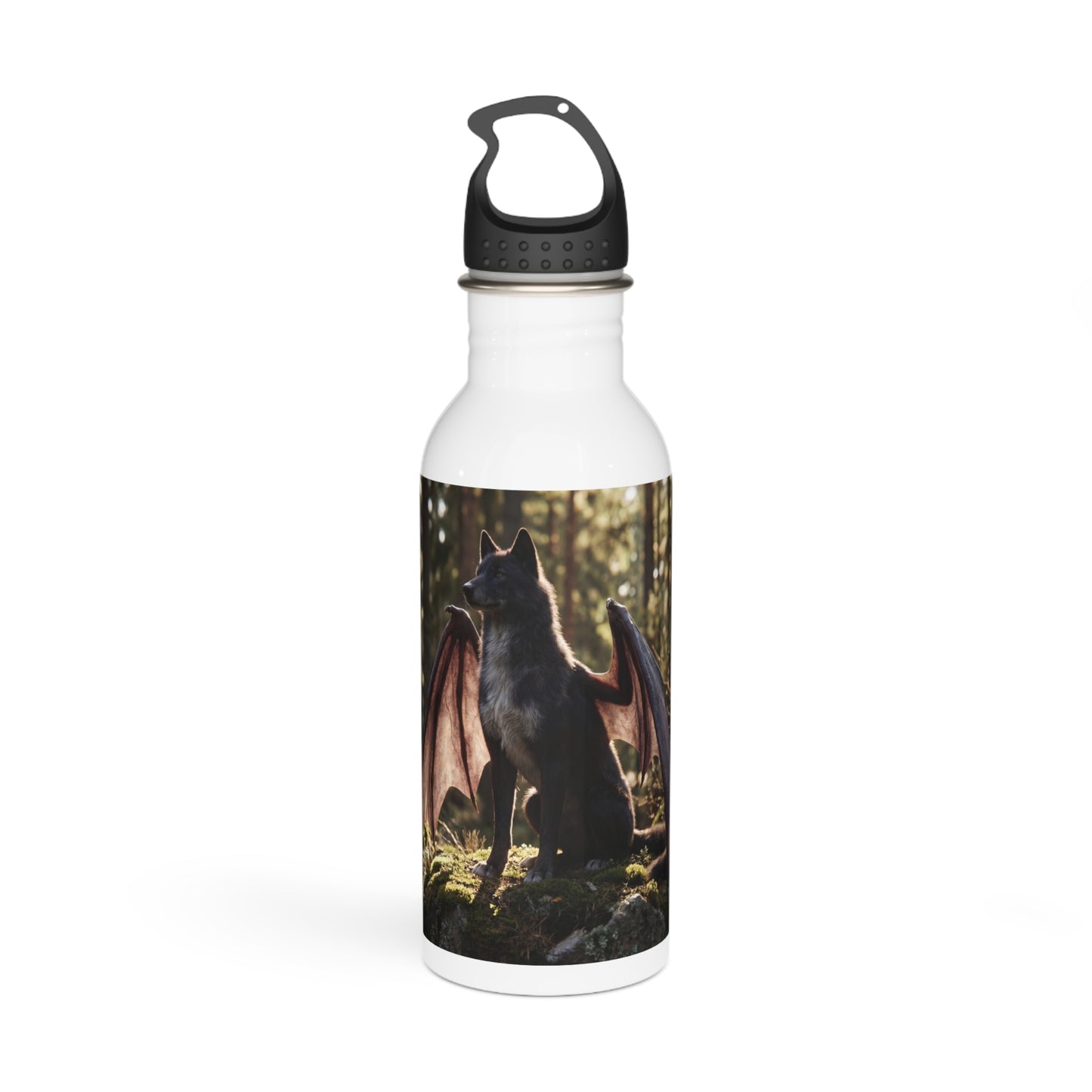 Winged Wolf in Sunlit Forest Stainless Steel Water Bottle – Guardian of the Mossy Glade