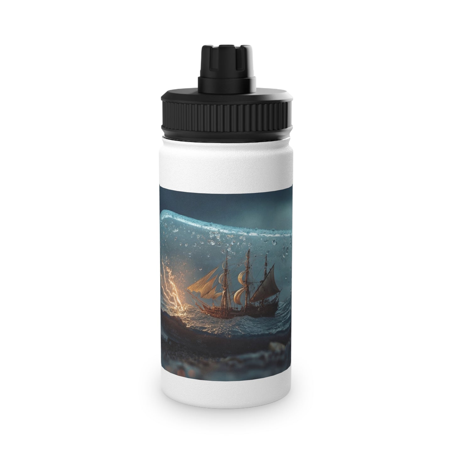Storm-Sailed Ship in Bottle Stainless Steel Water Bottle, Sports Lid – Captured Tempest at Sea