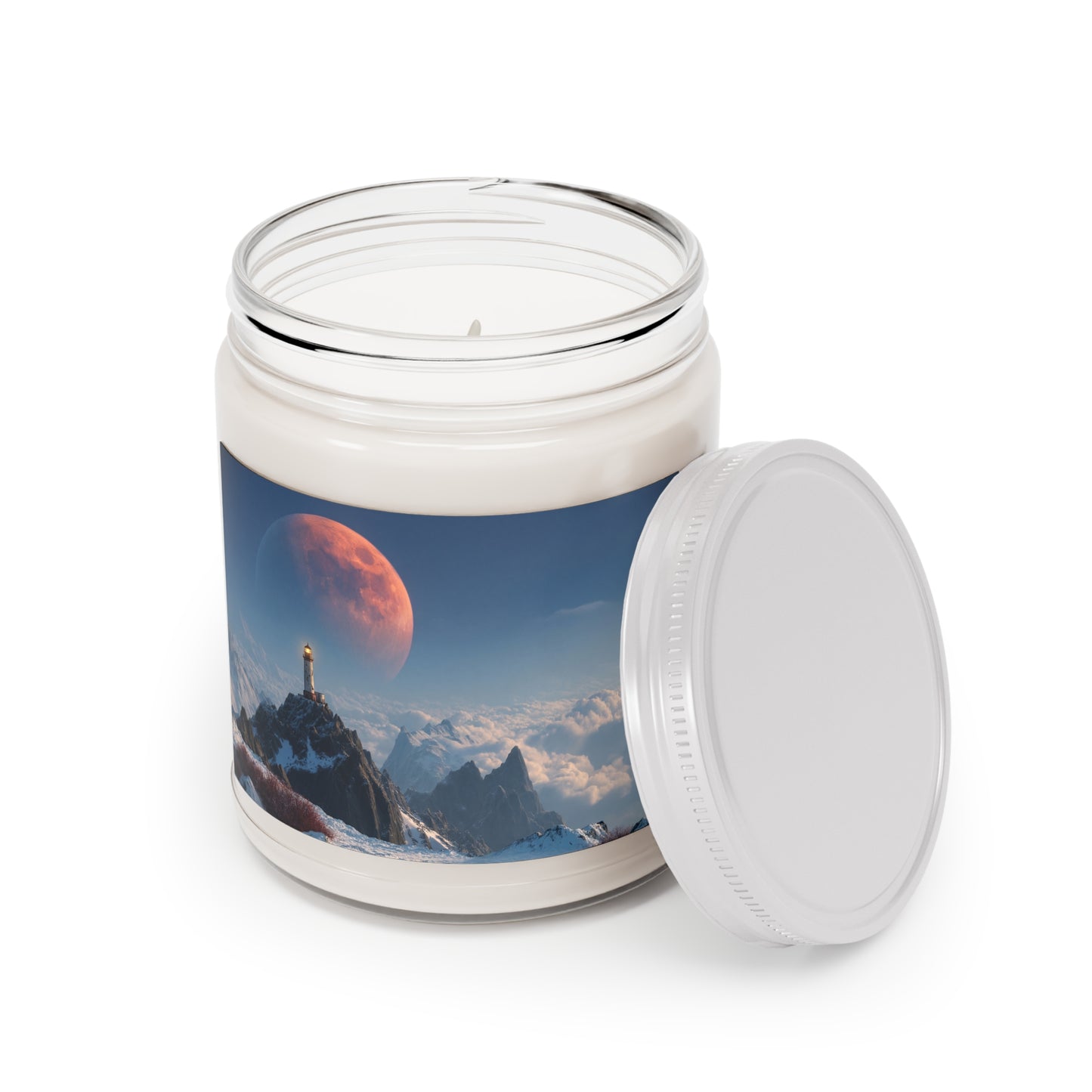 Lighthouse on Snow-Capped Peak Scented Soy Candles with White Lid, 9oz – Crimson Moonlit Beacon
