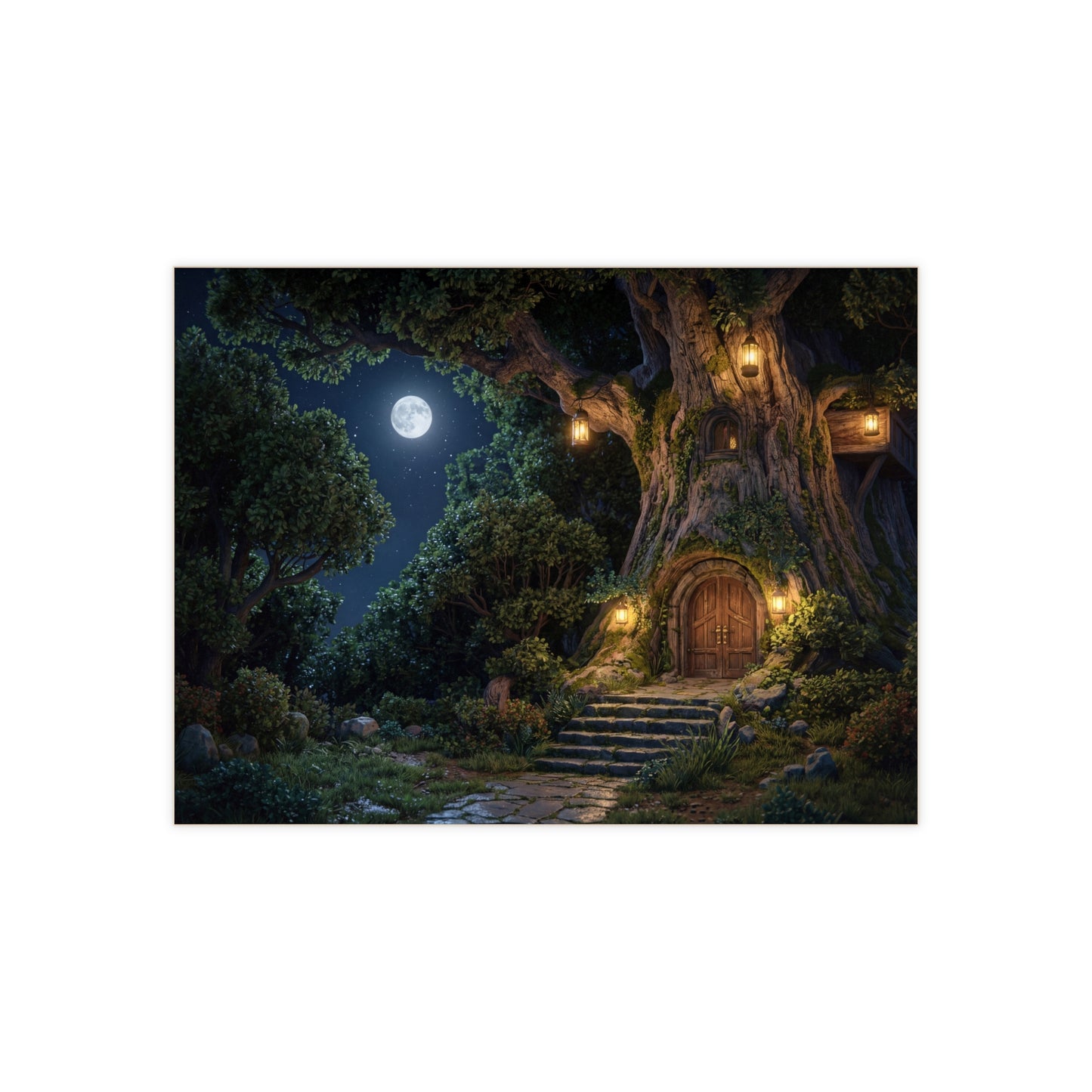 Moonlit Treehouse Haven Ceramic Photo Tile – Secret Garden Doorway Under Stars