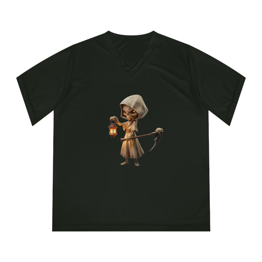 Lantern Guardian Women's Performance V-Neck T-Shirt – Bone Sentinel with Gilded Flame