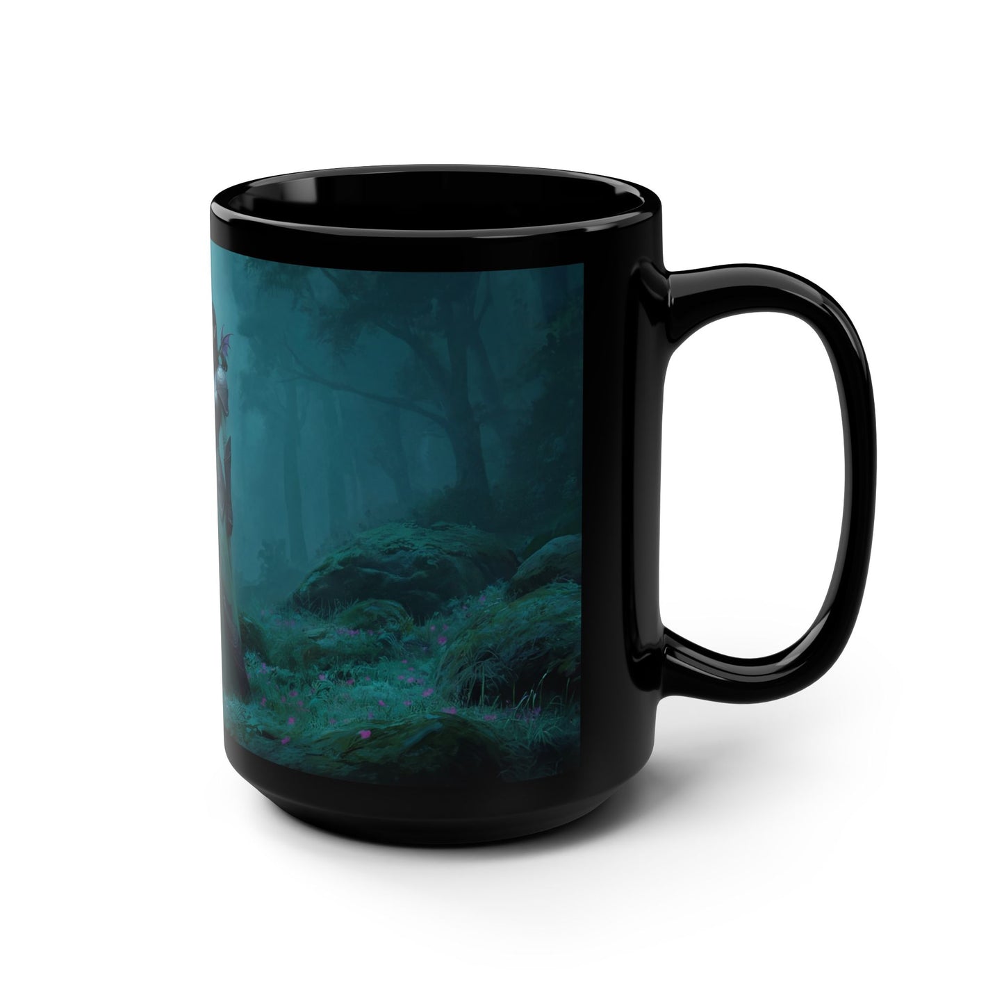 Sentinel Elf Black Mug, 15oz – Glowing Blade Forest Guardian
