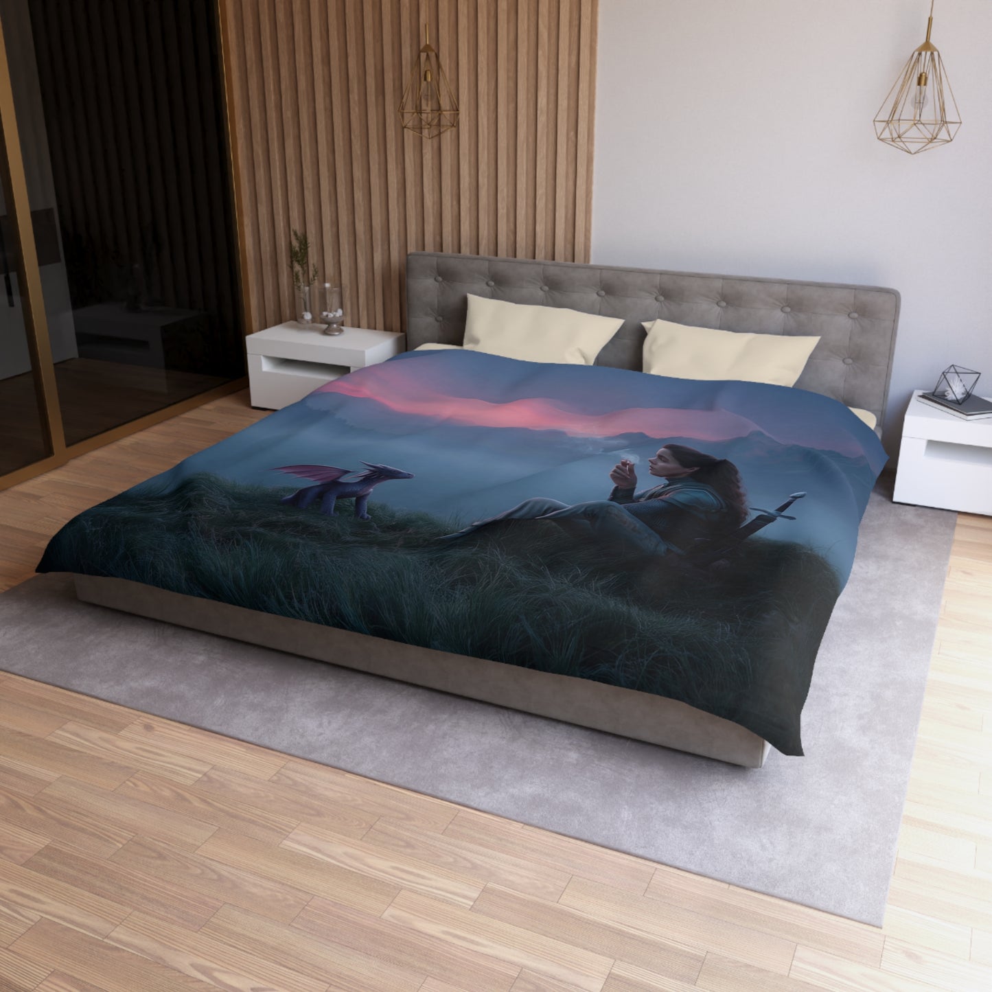 Dragon Guardian Duvet Cover – Misty Mountain Sentinel at Sunset
