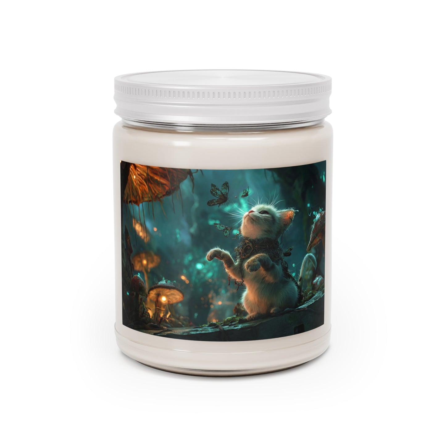 Whispering Forest Kitten Scented Soy Candles with White Lid, 9oz – Guardian of the Bioluminescent Grove