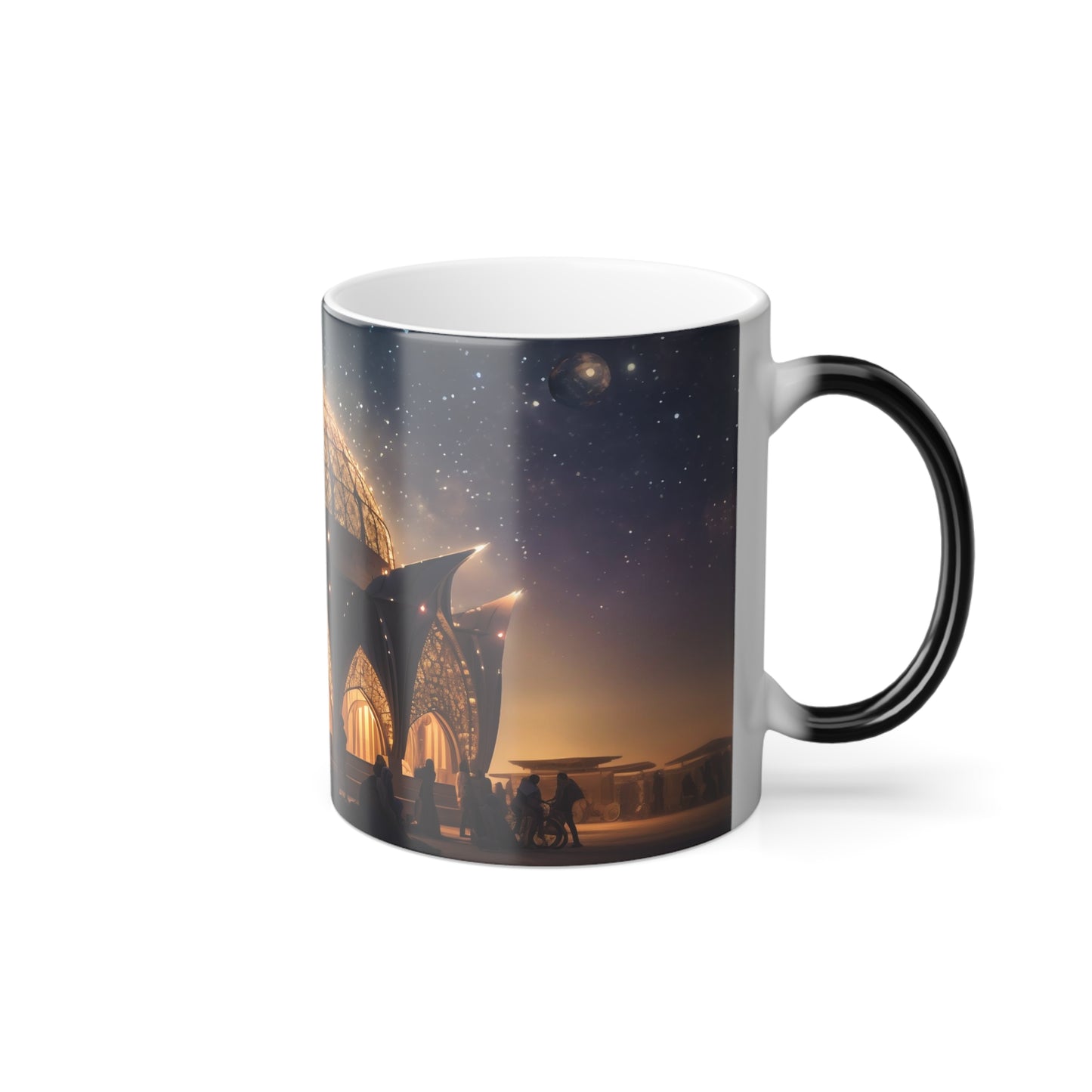 A celestial observatory materializing in the heart of the Burning Man festival, its intricate architecture inspiring awe and wonder. - Color Morphing Mug, 11oz