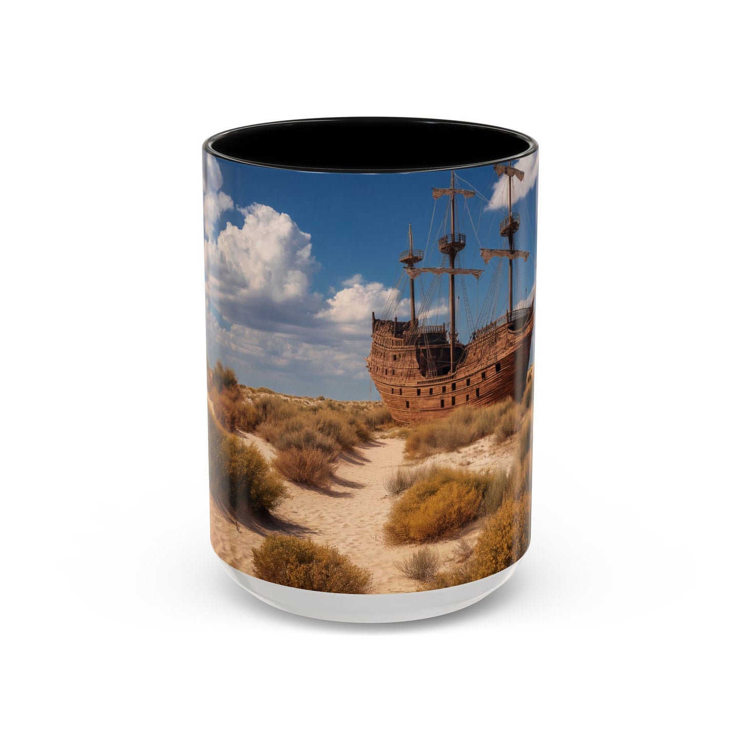 Desert Shipwreck Accent Coffee Mug (11, 15oz) – Golden Sandscape Voyage