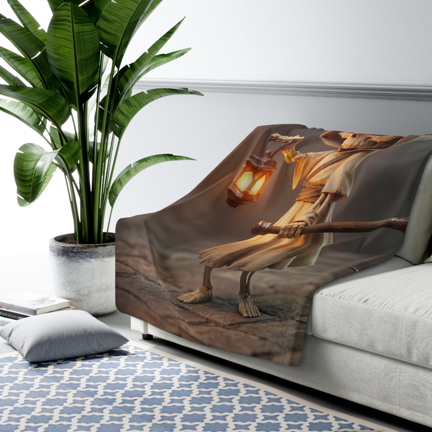 Lantern-Bearing Reaper Sherpa Fleece Blanket – Warm Glow in the Shadowed Path
