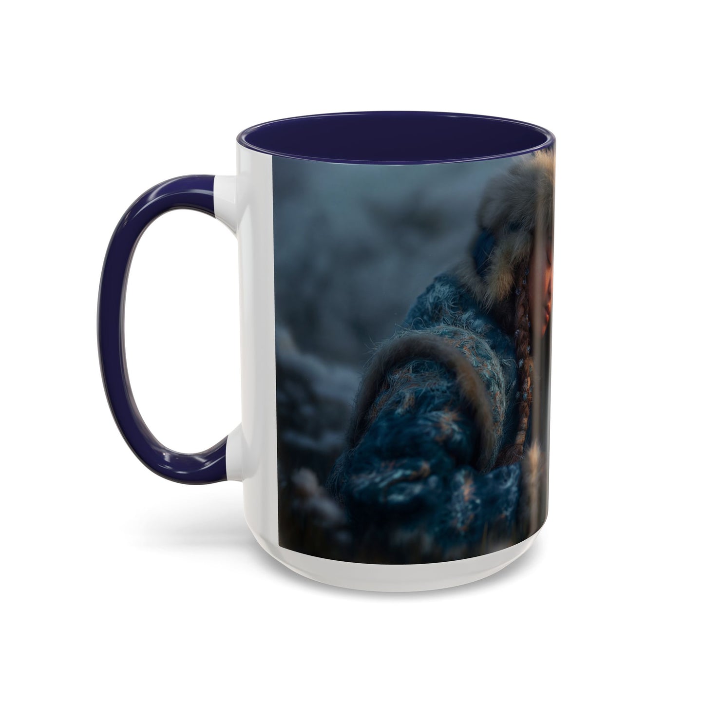 Winter Guardian Accent Coffee Mug (11, 15oz) – Fur-Hooded Child Sleeping Beside White Dragon Sentinel