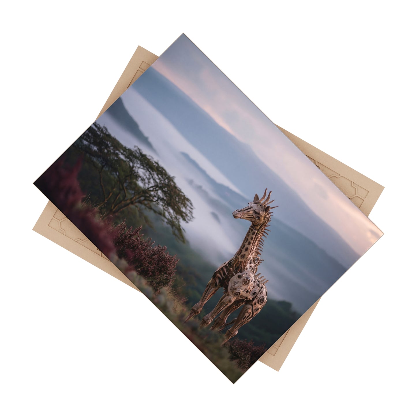 Metal Giraffe Mountain Vista Ceramic Photo Tile – Whispers of the Misty Savannah