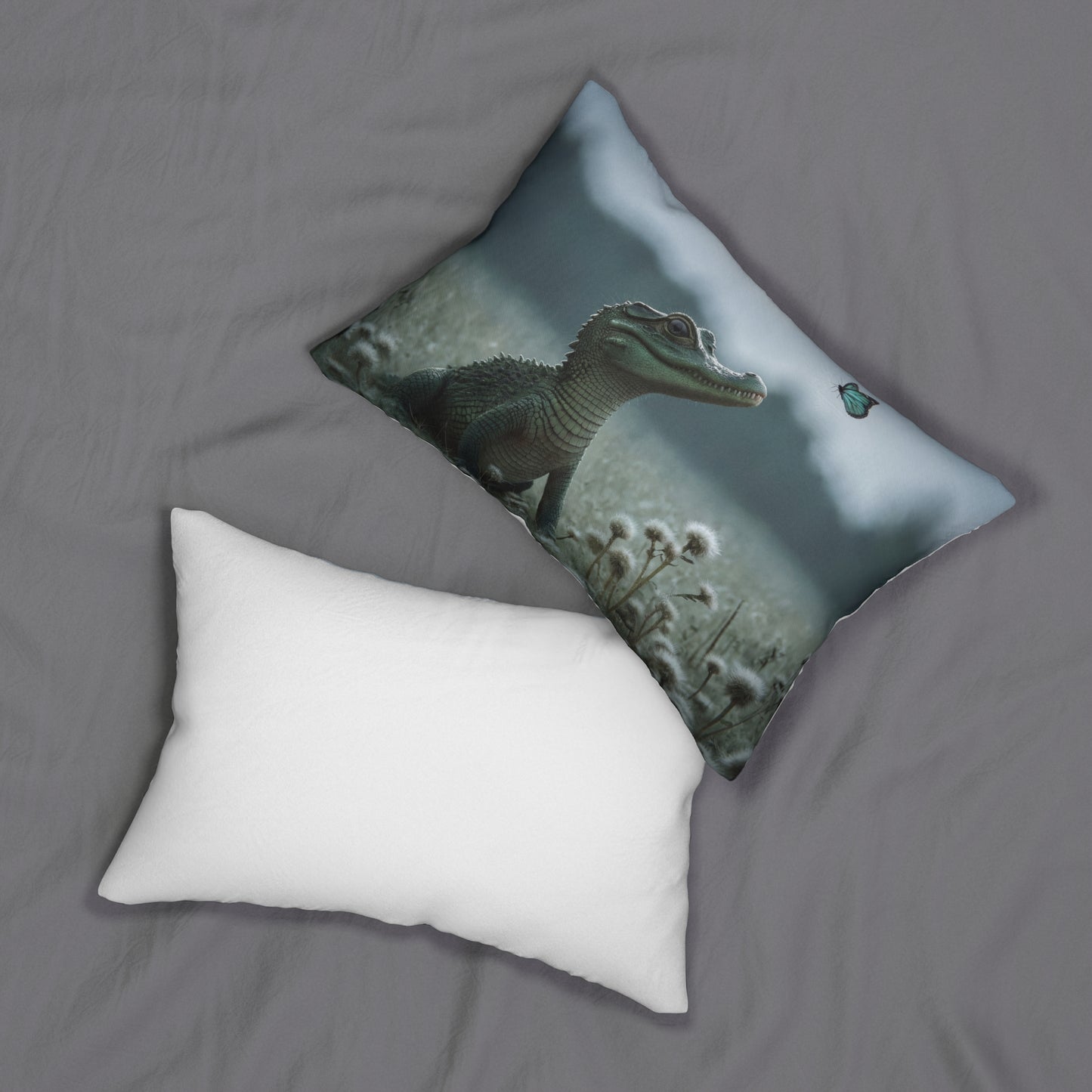 Curious Caiman Lumbar Pillow – Emerald Gaze Meets Azure Butterfly