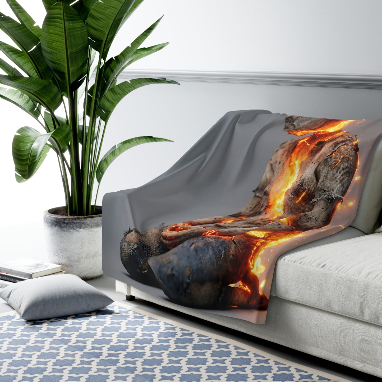 Inner Fire Blanket – Kneeling Figure Burning from Within Sherpa Fleece Throw