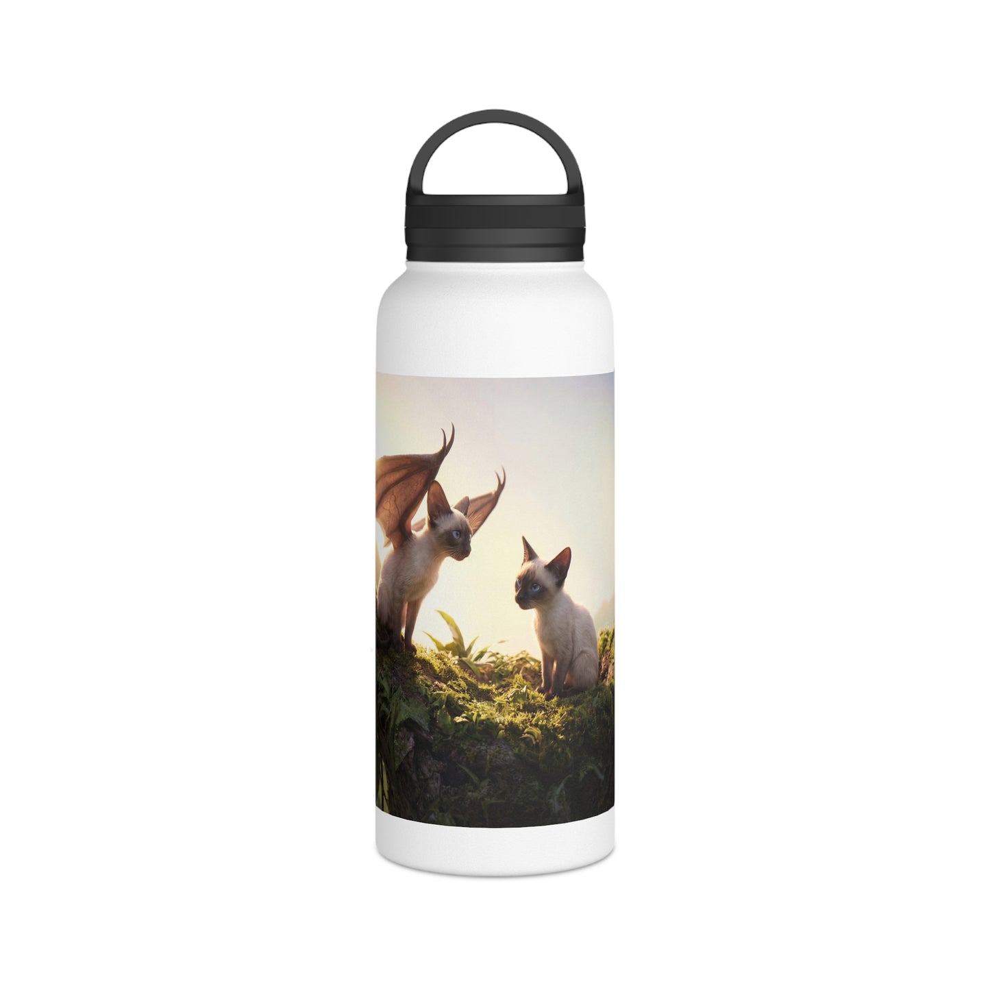 Winged Siamese Kittens Stainless Steel Water Bottle, Handle Lid – Morning Light in the Ancient Grove