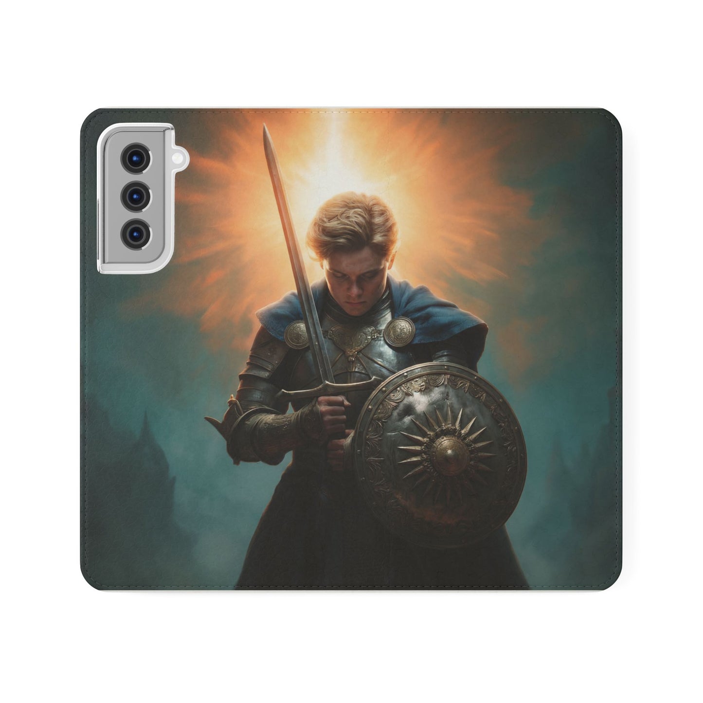 Dawn-Forged Knight Flip Cases – Radiant Armor Against Misty Skies