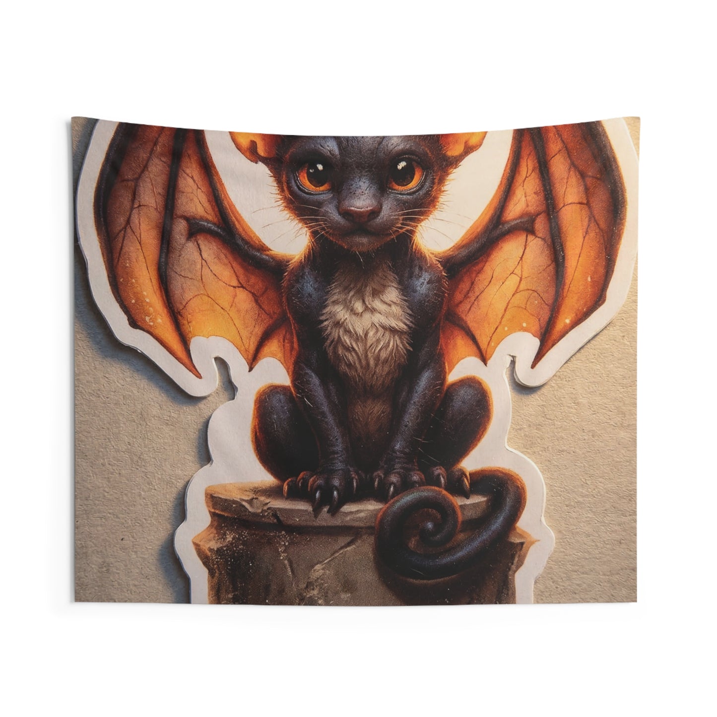 Winged Feline Sentinel Indoor Wall Tapestries – Warm Glow in Midnight Wings