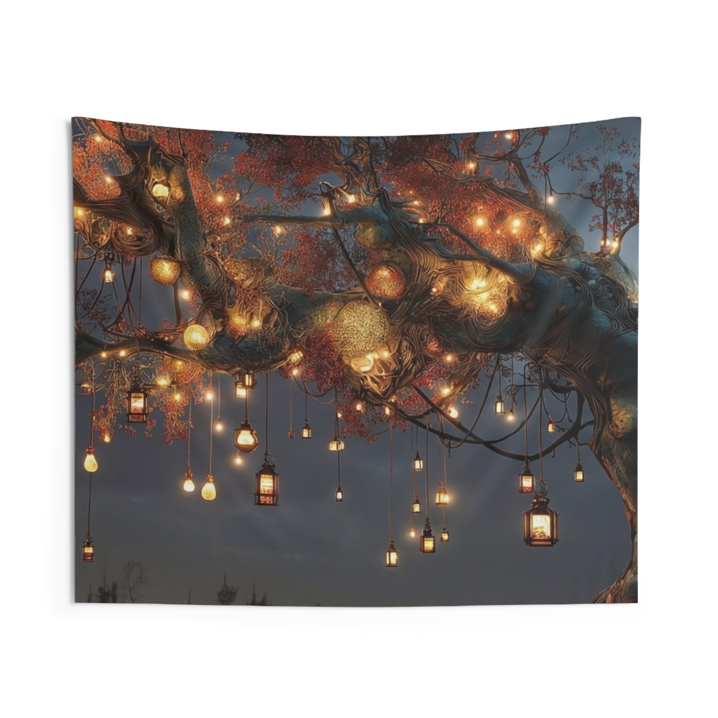 Lantern Tree Wall Tapestry – Desert Nightscape with Glowing Lights